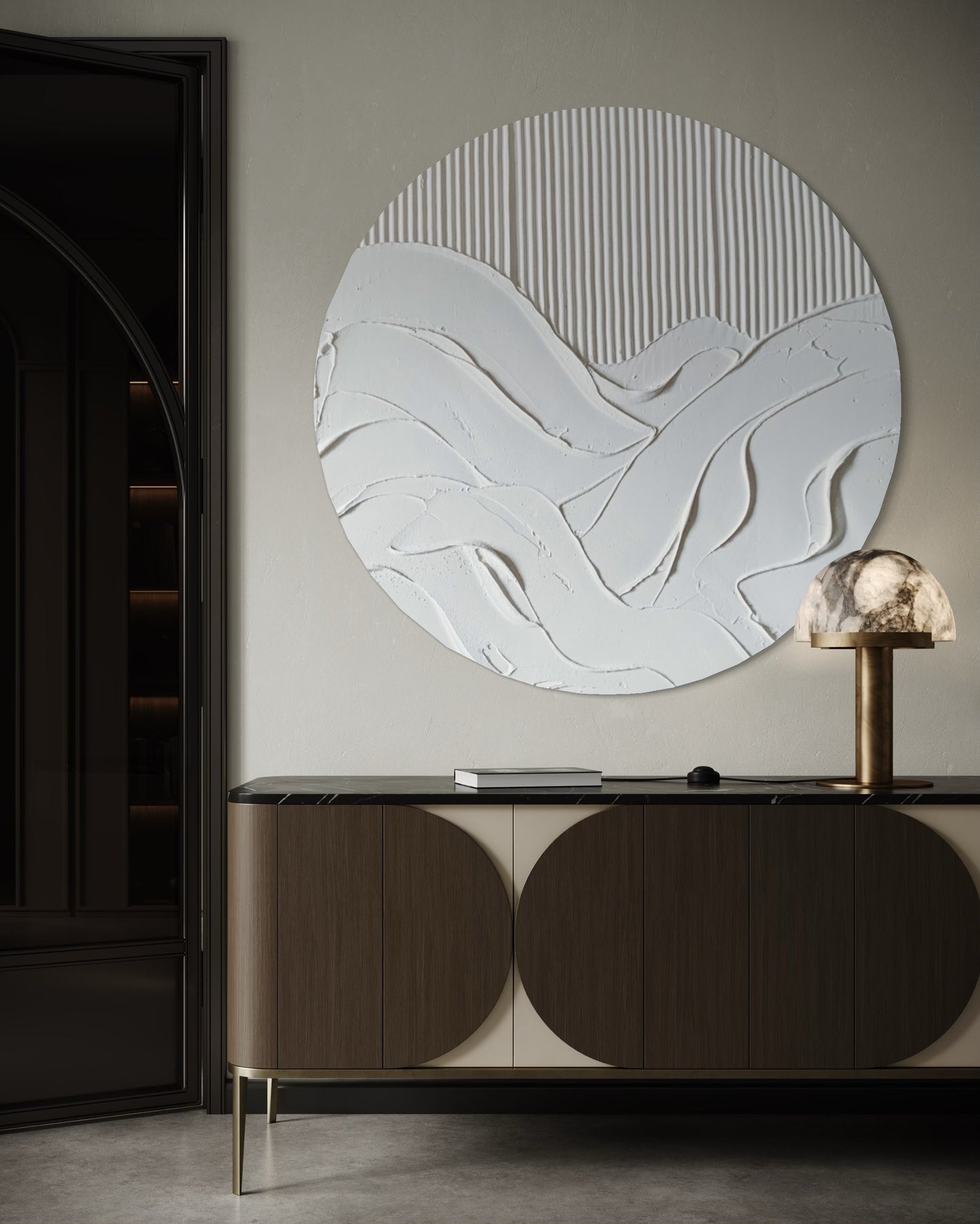 Abstract wall art piece on a gray wall above a dark wooden console table.