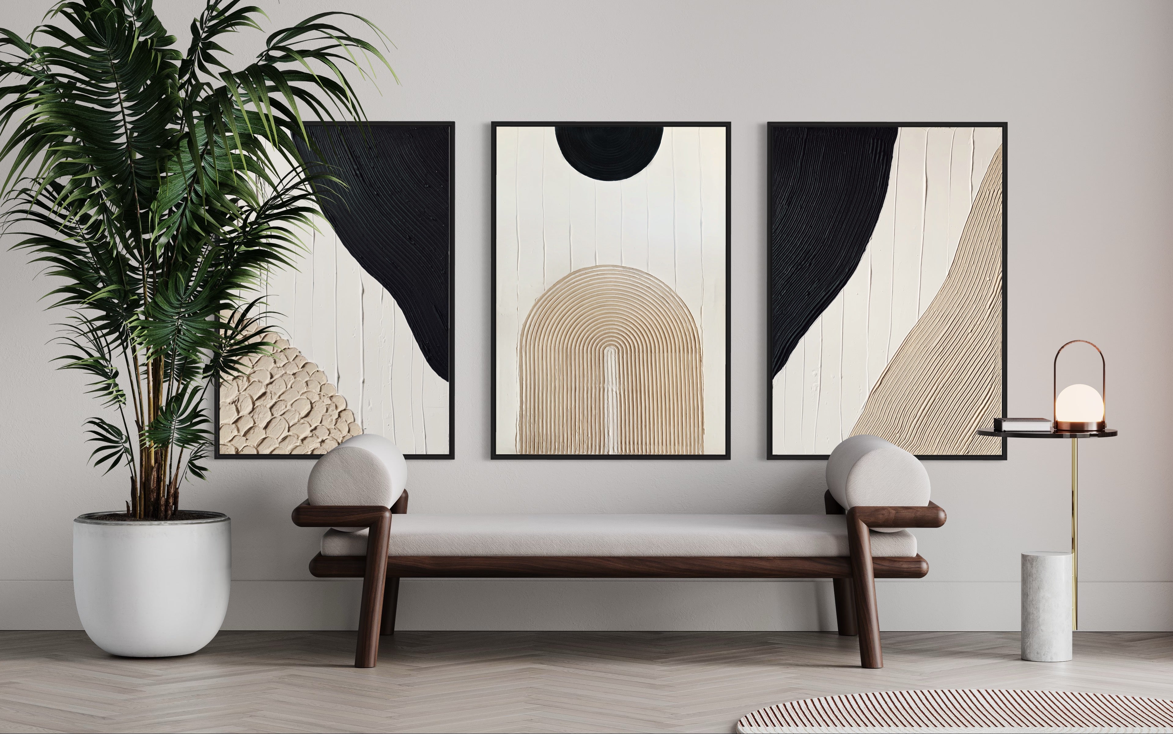 modern minimalist set of 3 textured wall art in black, beige white colors, ready to hang original painting made on stretched canvases diptych, made for modern, minimalist, contemporary home interior