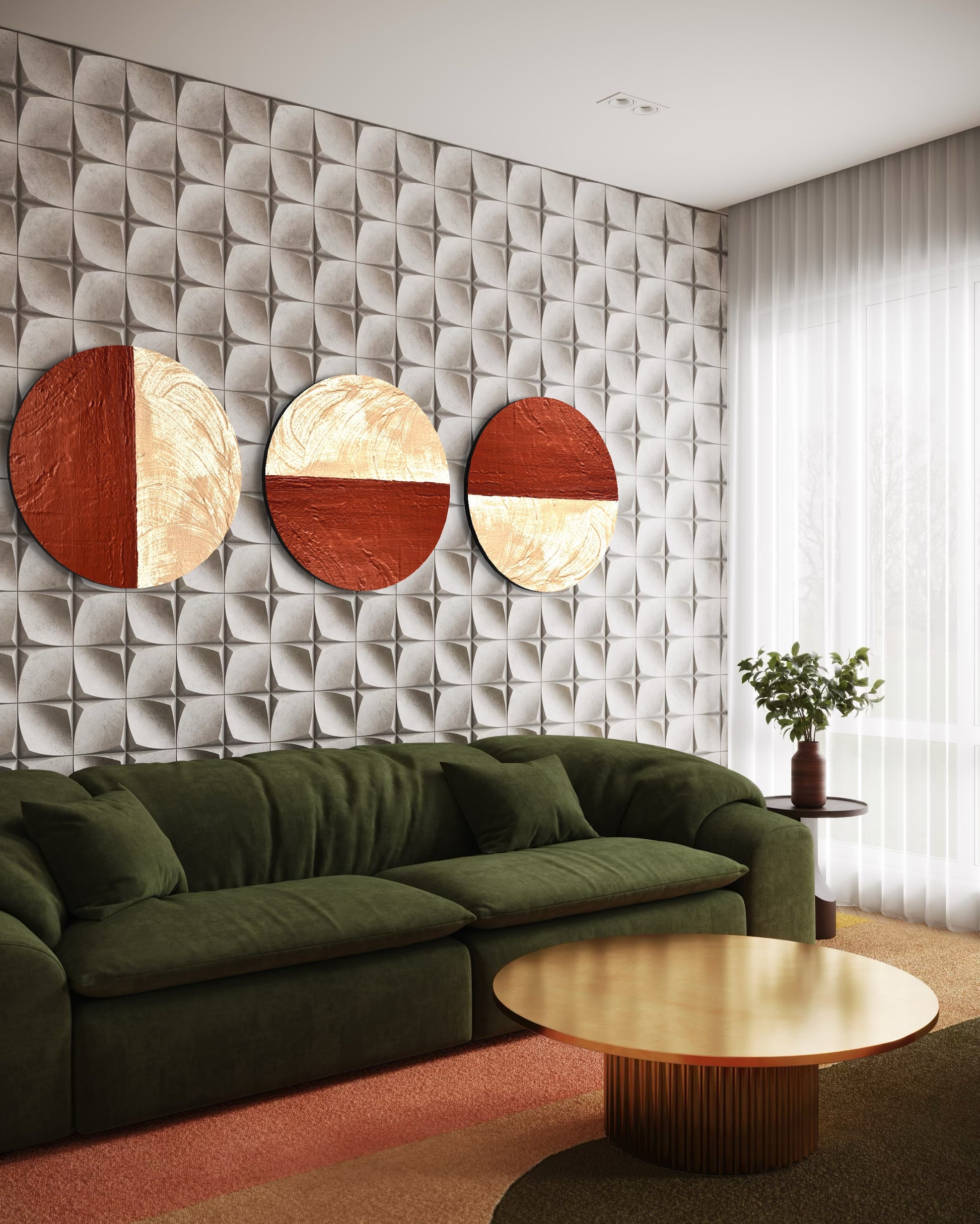 Modern living room with green sofa, wooden coffee table, and decorative wall art.