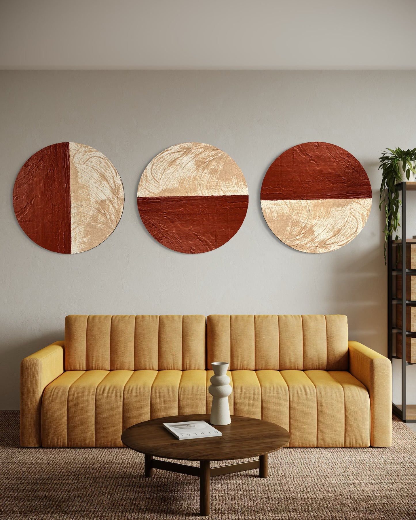 Modern living room with a yellow sofa, round wooden tables, and abstract wall art.