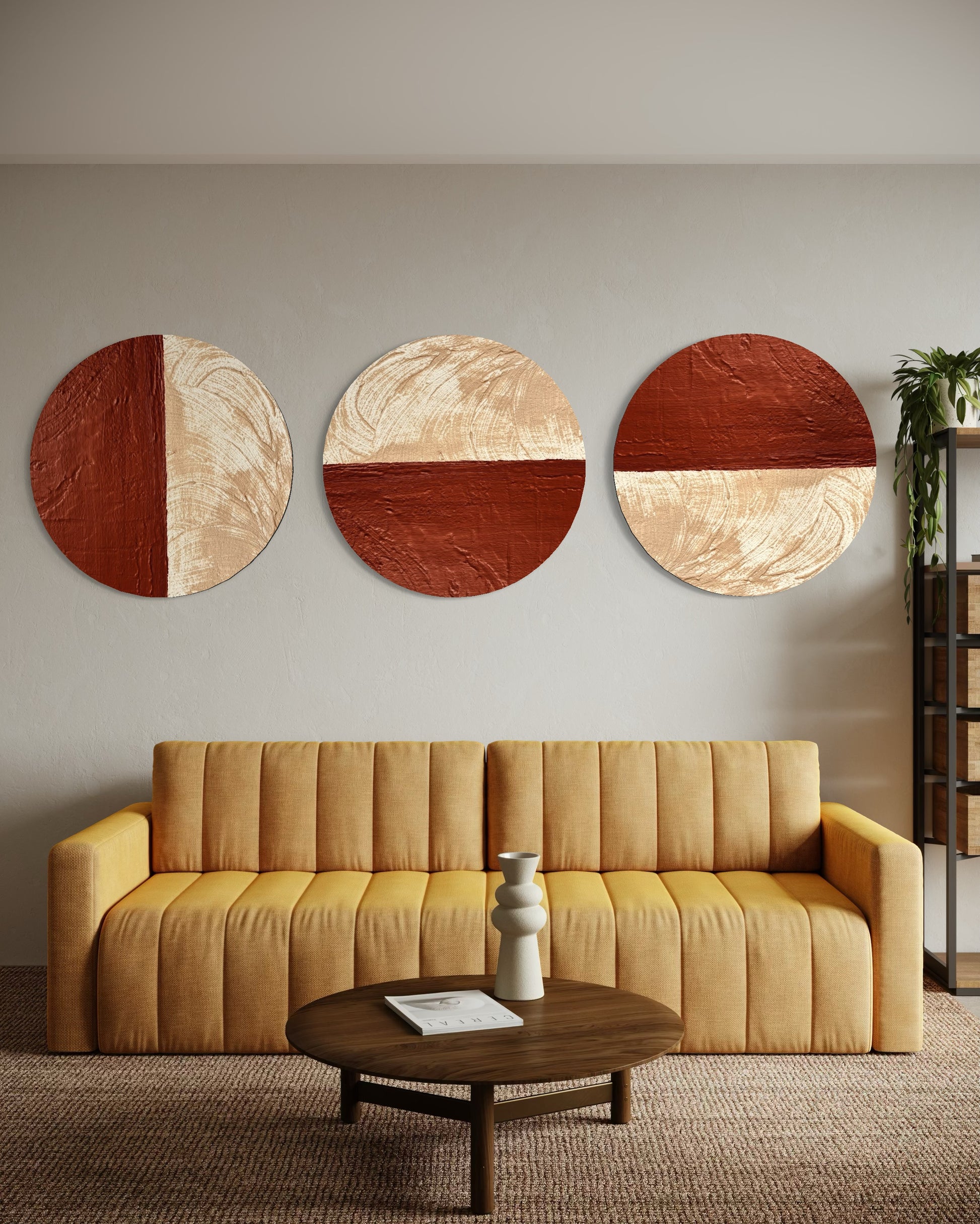 Modern living room with a yellow sofa, round wooden tables, and abstract wall art.