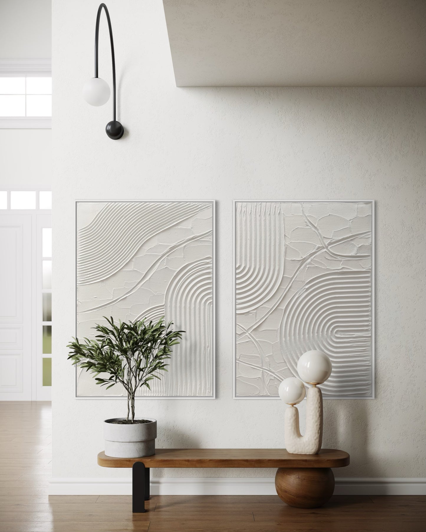 White textured abstract diptych ERIS on stretched canvas in minimalist style