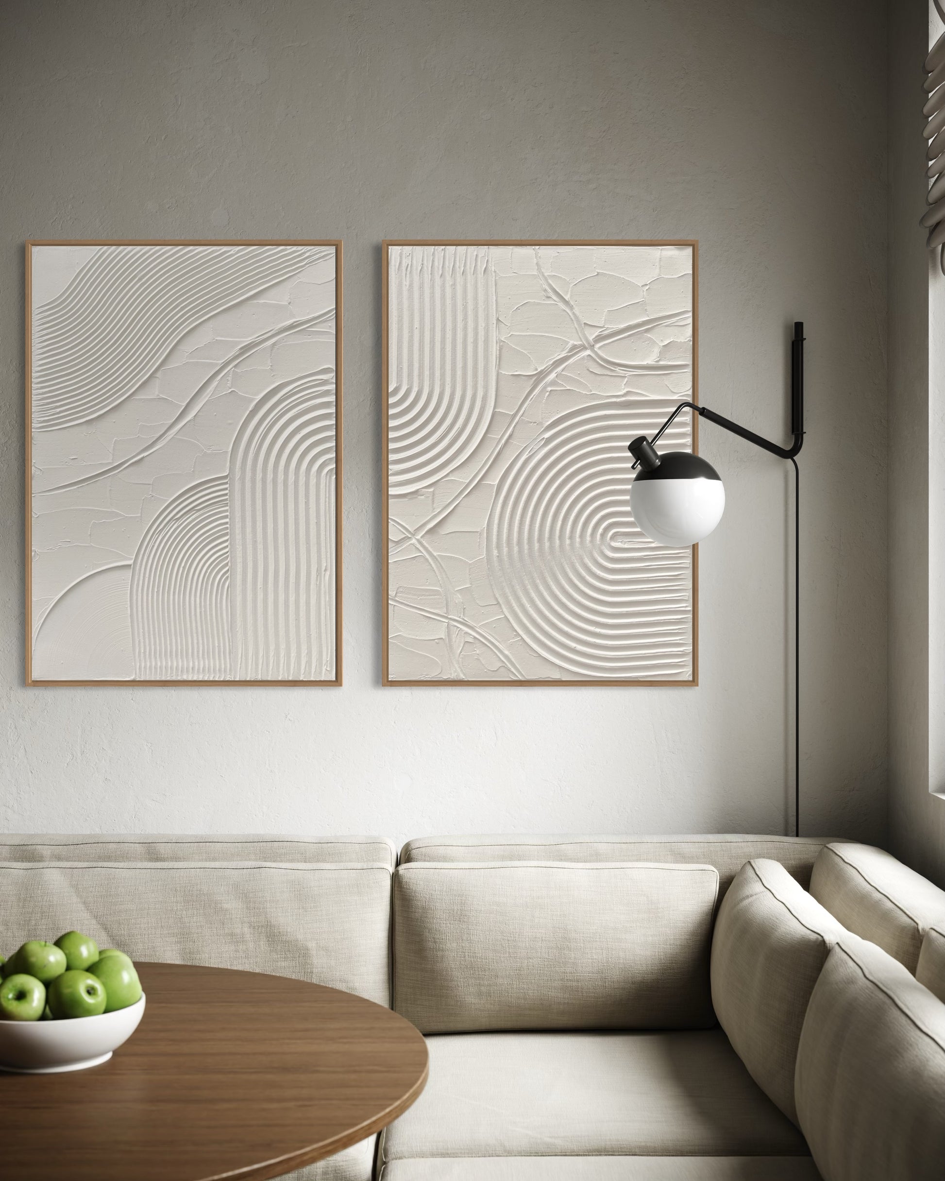 White textured diptych ERIS with frame displayed in a modern interior

