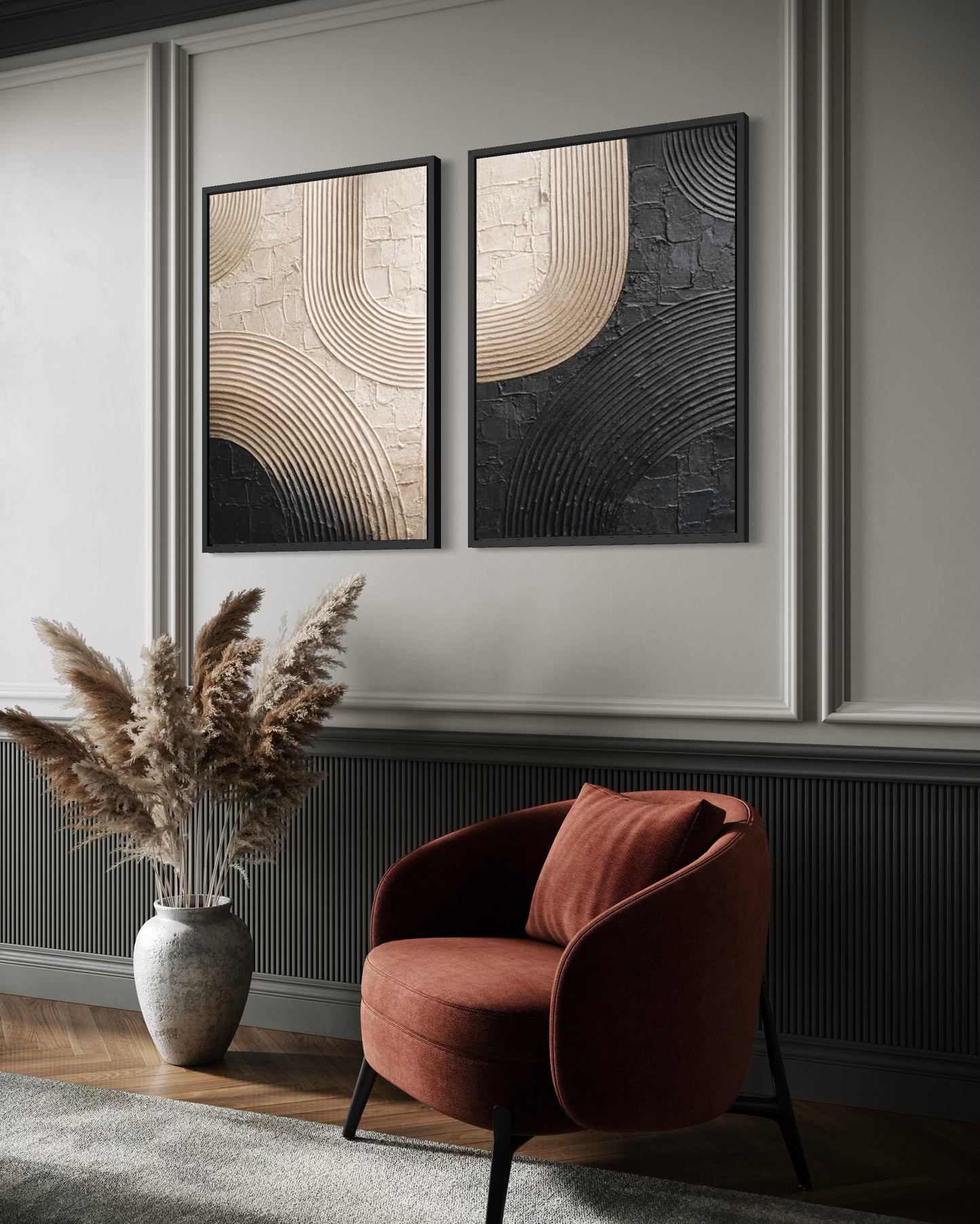 Modern interior with a rust-colored armchair, abstract wall art, and decorative plant.