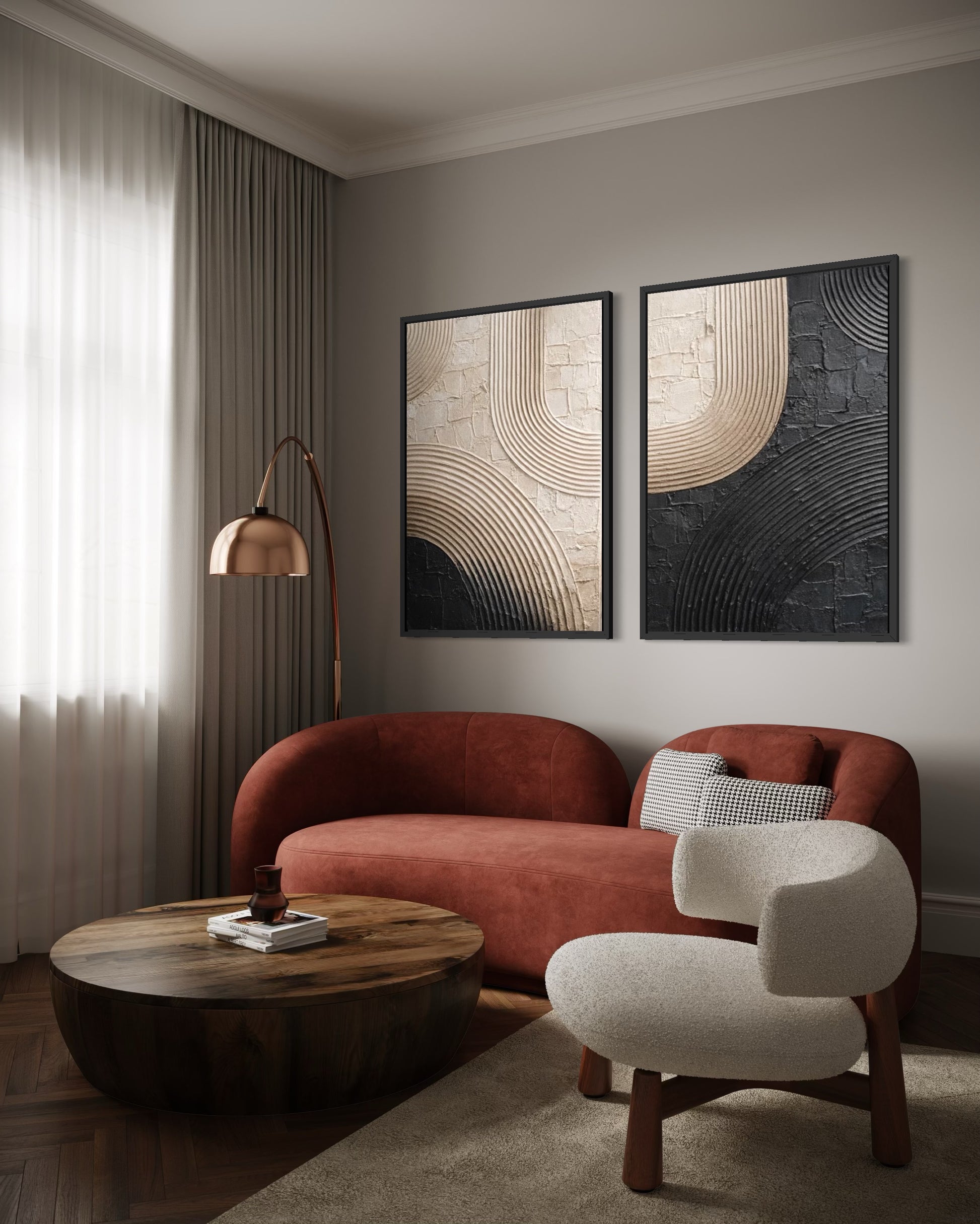 Modern living room with a red sofa, wooden coffee table, and abstract wall art.