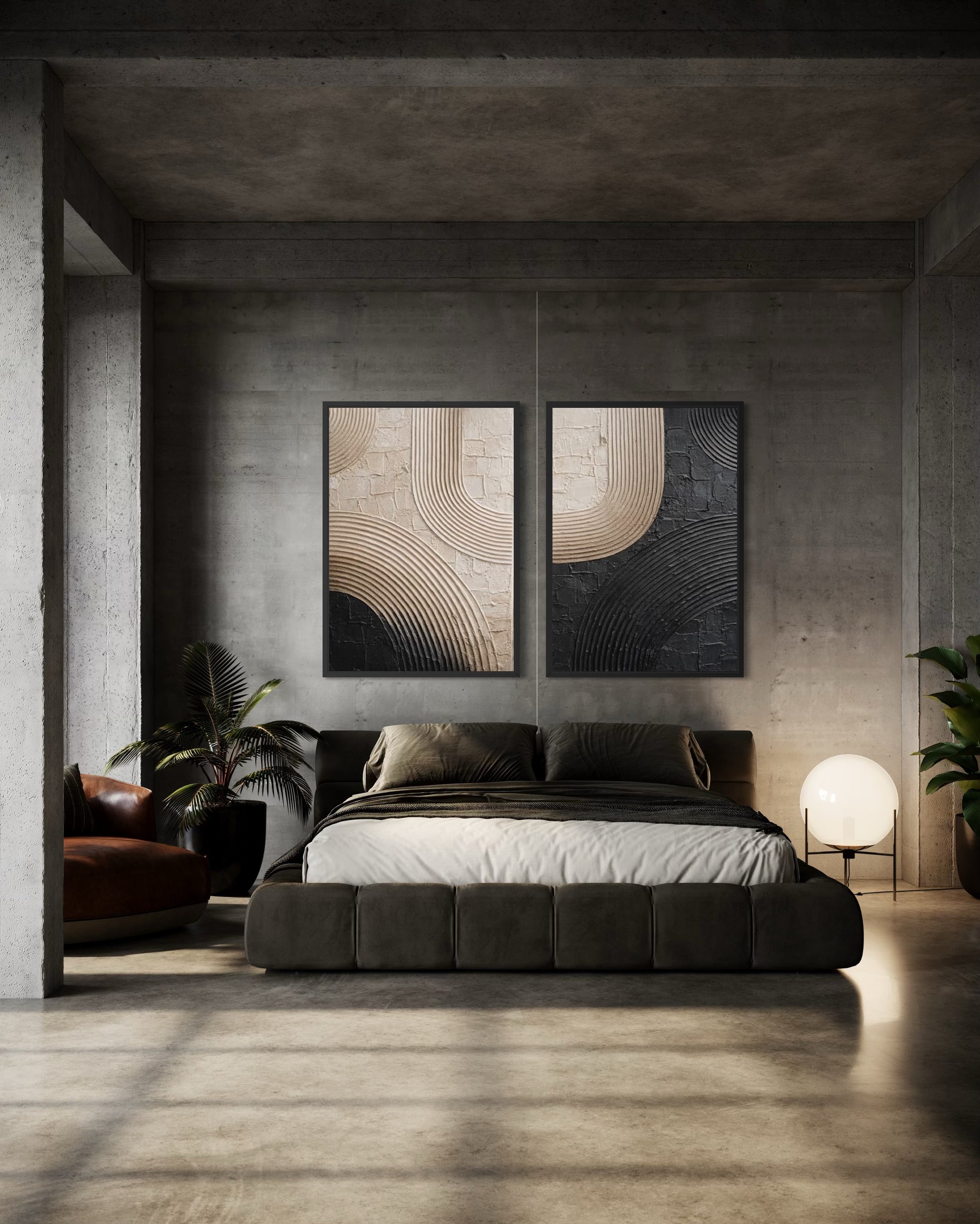 Modern bedroom with a bed, abstract wall art, and a lamp.
