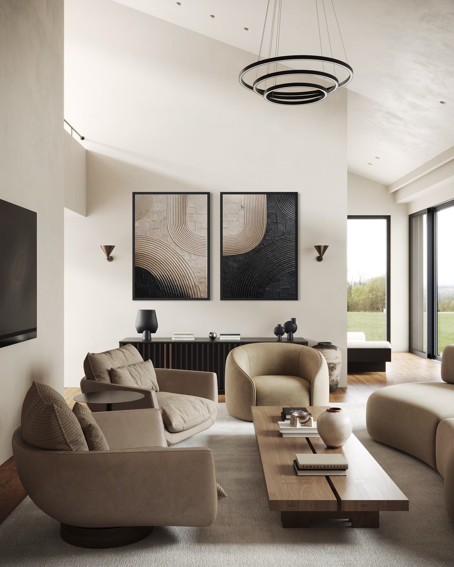 Modern living room with beige furniture, a coffee table, and wall art.