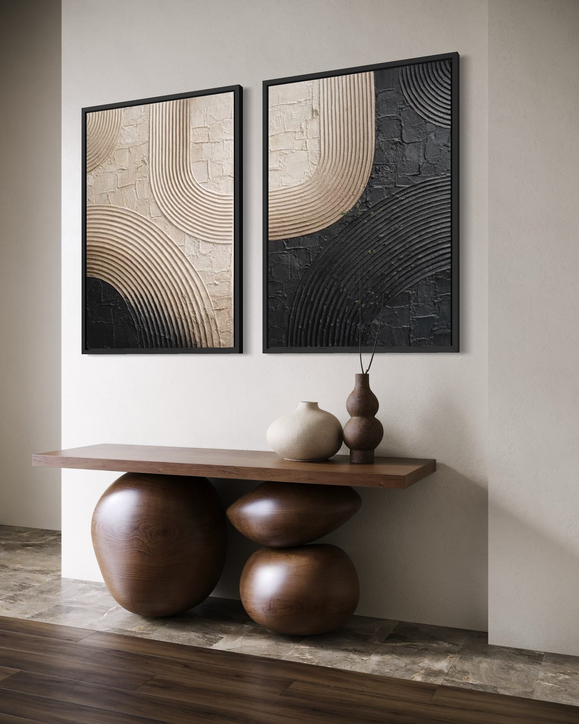 Modern interior with abstract wall art and a wooden console table.