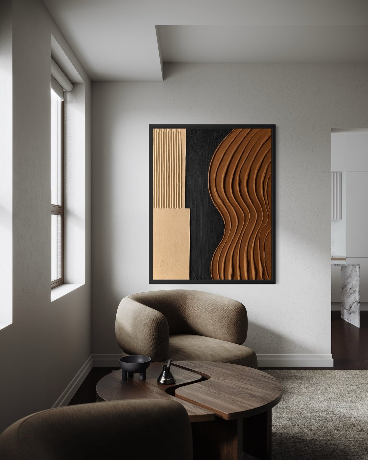 Modern living room with a abstract wall art piece, a sofa, and a coffee table.