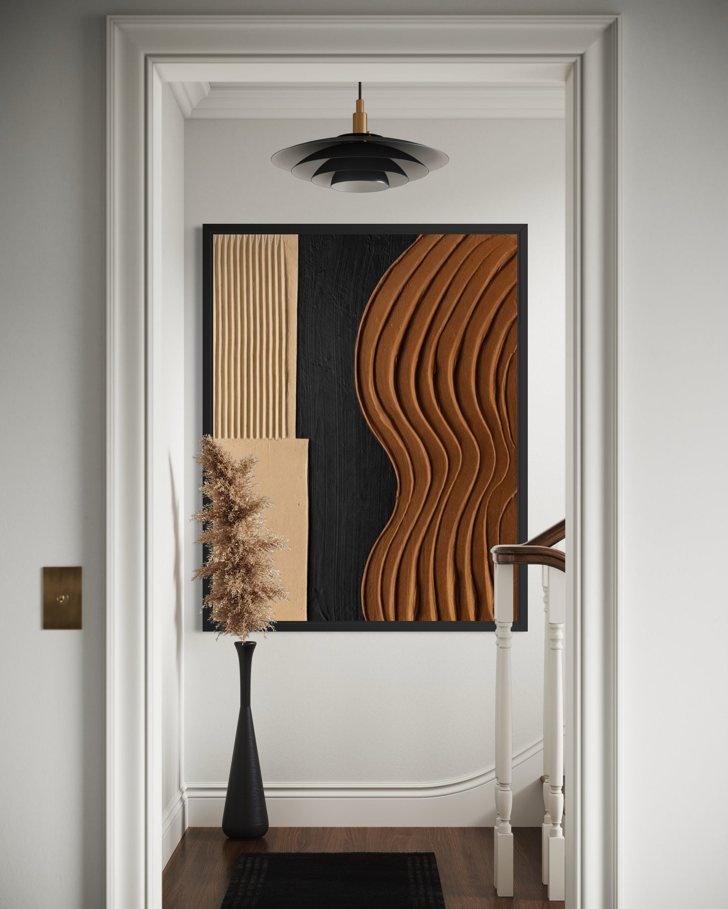 Decorative wall art with wavy patterns in a modern interior setting.