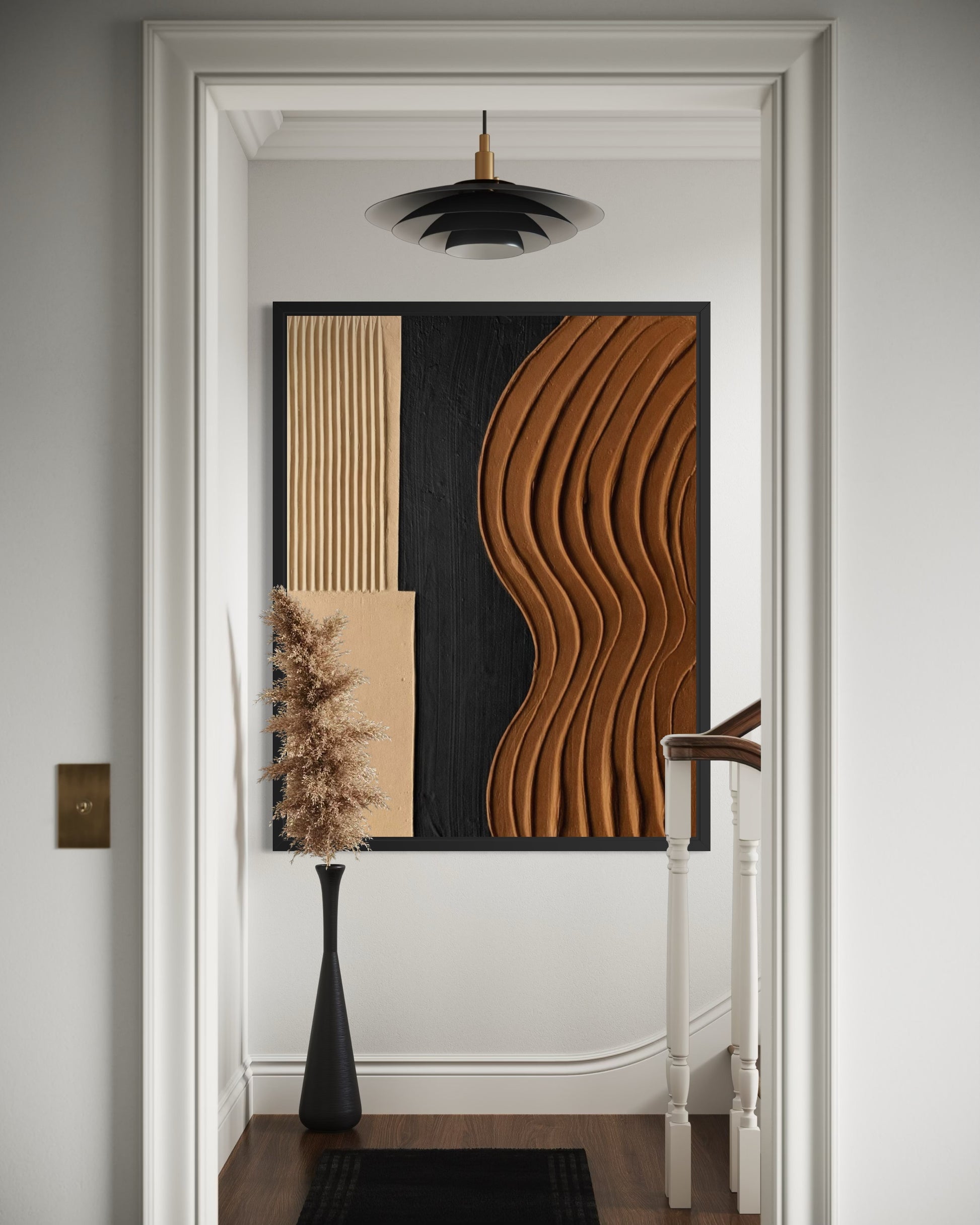 Decorative wall art with wavy patterns in a modern interior setting.