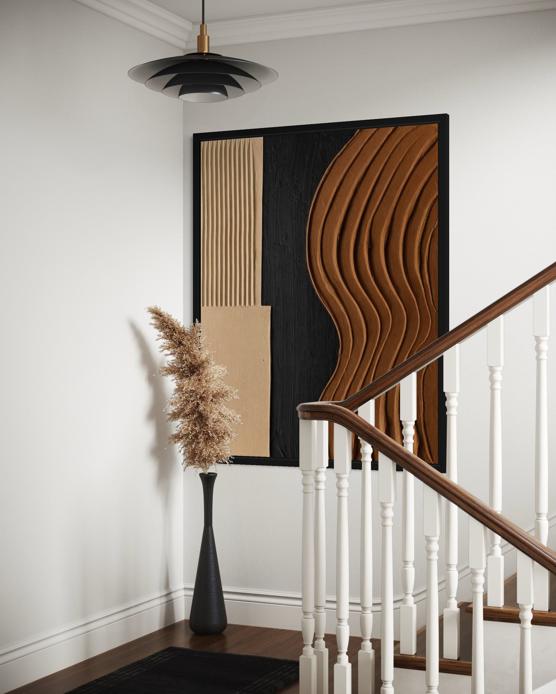 Decorative wall art with wavy patterns in a home interior setting.