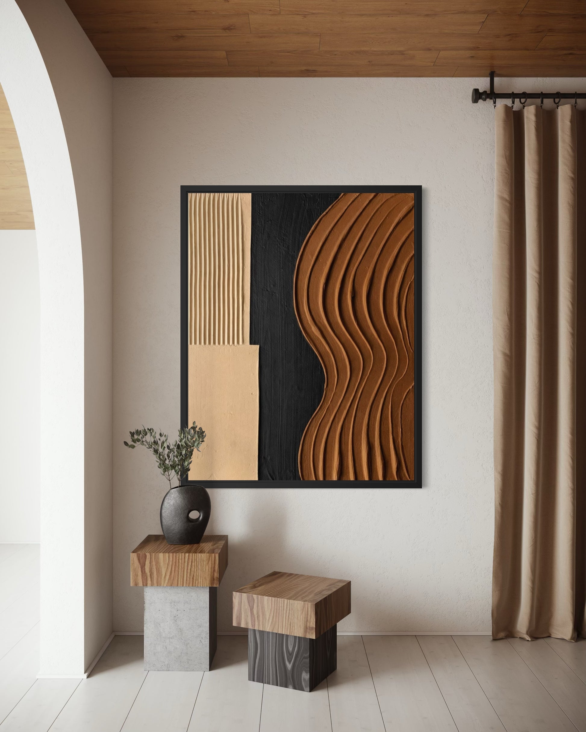 Modern interior with abstract wall art, wooden stool, and vase.