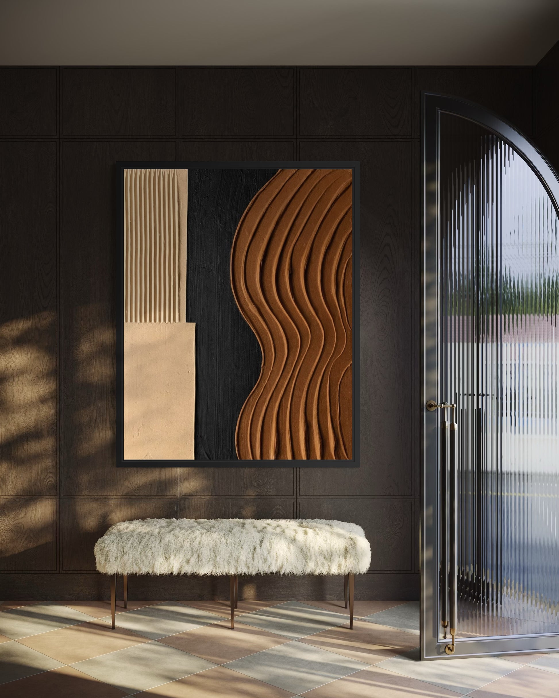 Modern interior with abstract wall art and a bench