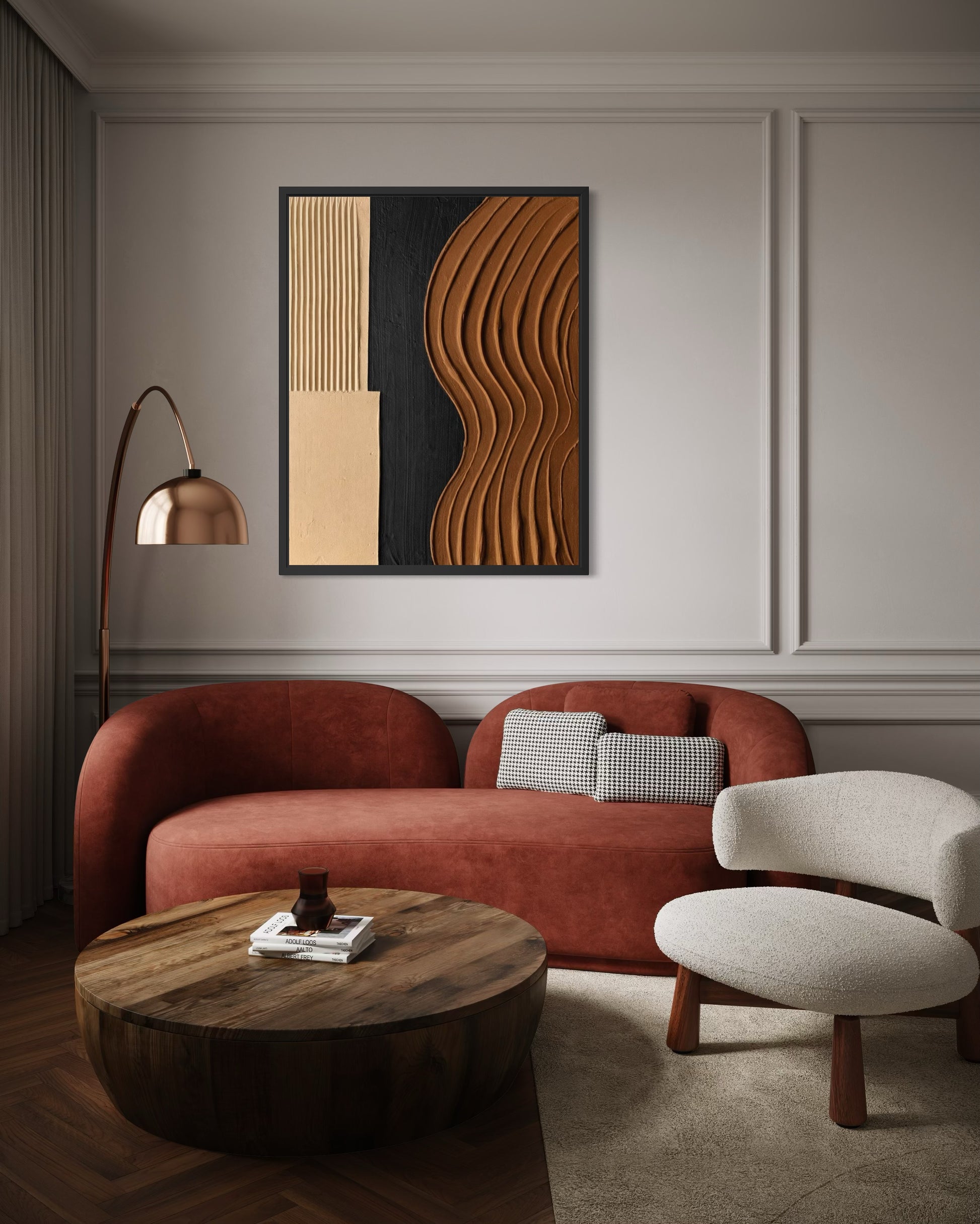 Modern living room with a red sofa, wooden coffee table, and abstract wall art.