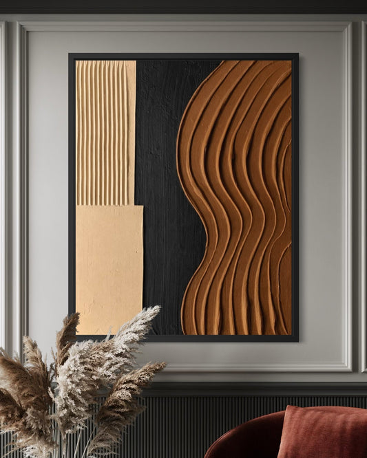 Modern interior with abstract wall art, potted plant, and red chair.