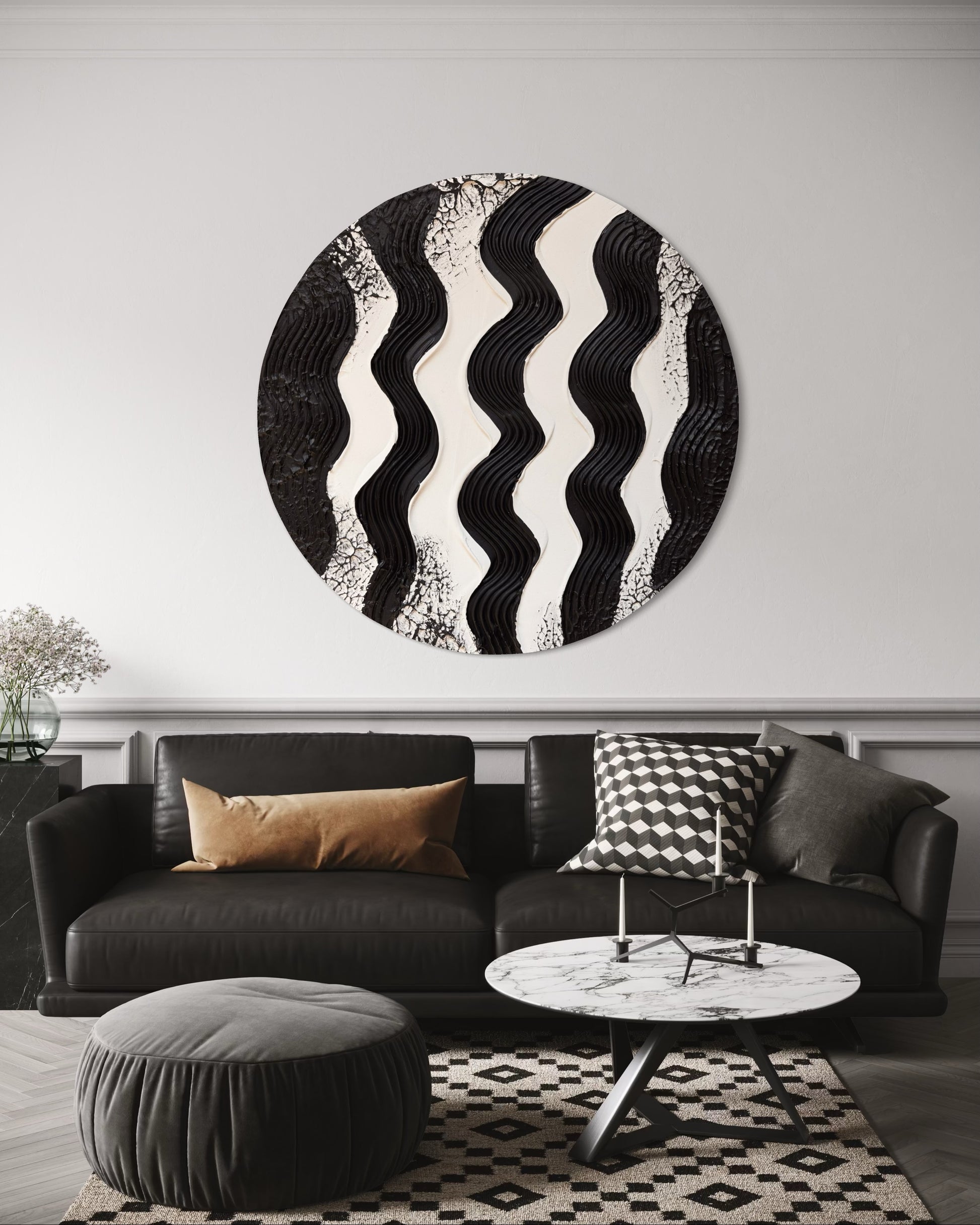Modern living room with a black and white abstract wall art piece.
