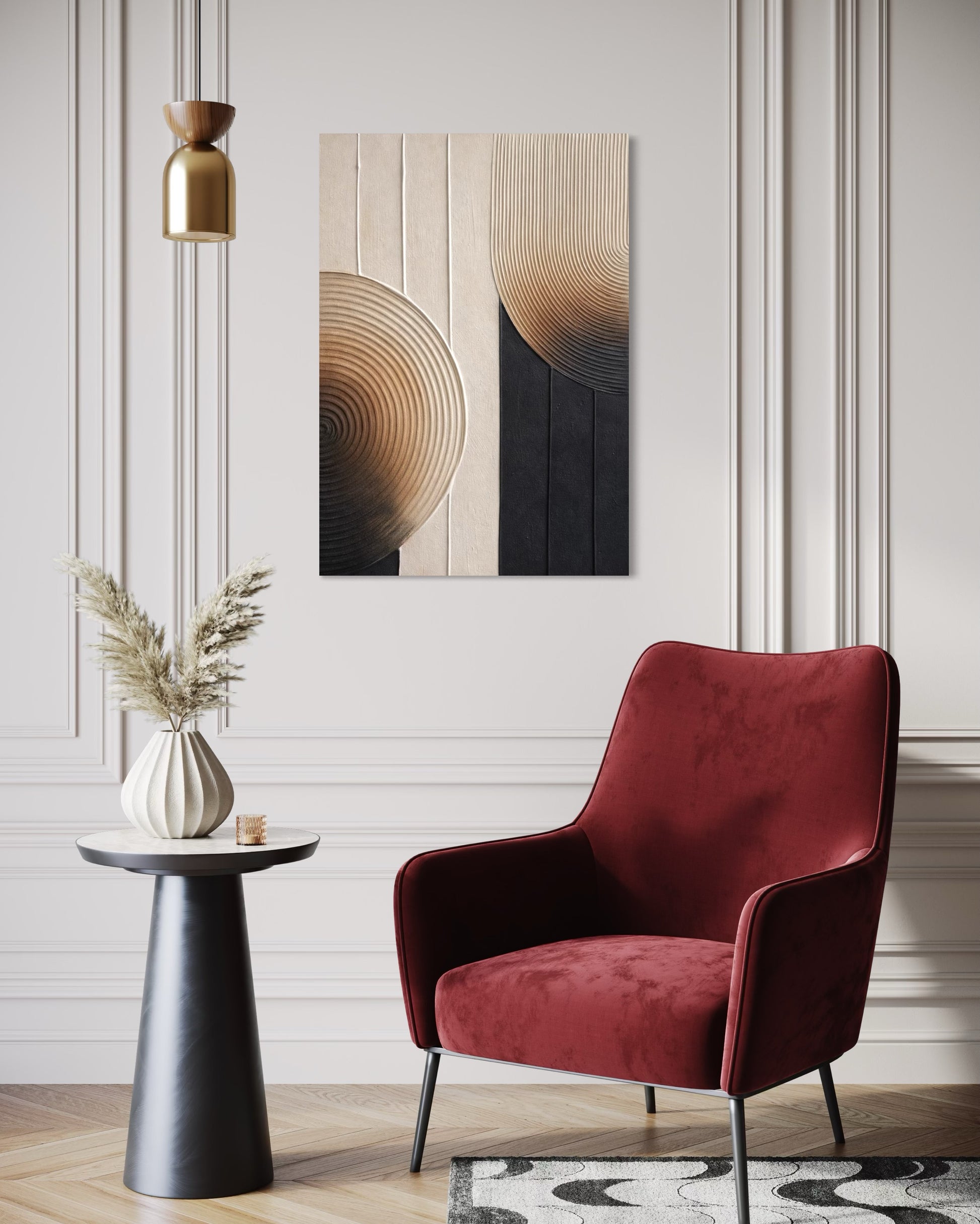 Modern interior with a red chair, side table, and abstract art on the wall.