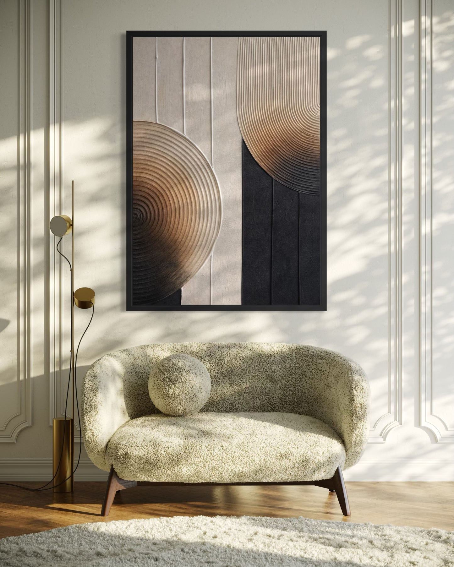 Modern living room with a patterned sofa, floor lamp, and abstract wall art.