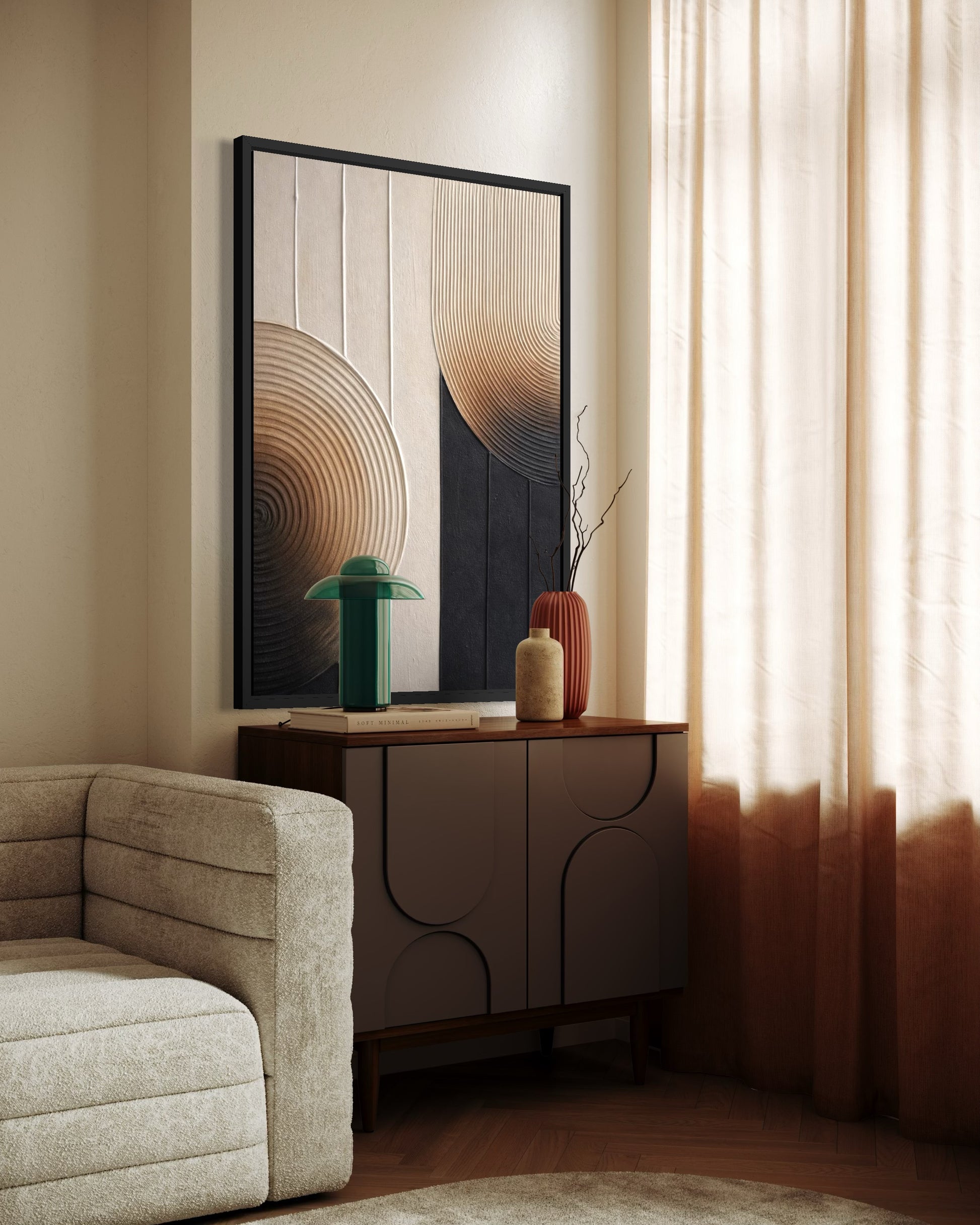 Modern living room with a sideboard, abstract painting, and decorative vases.