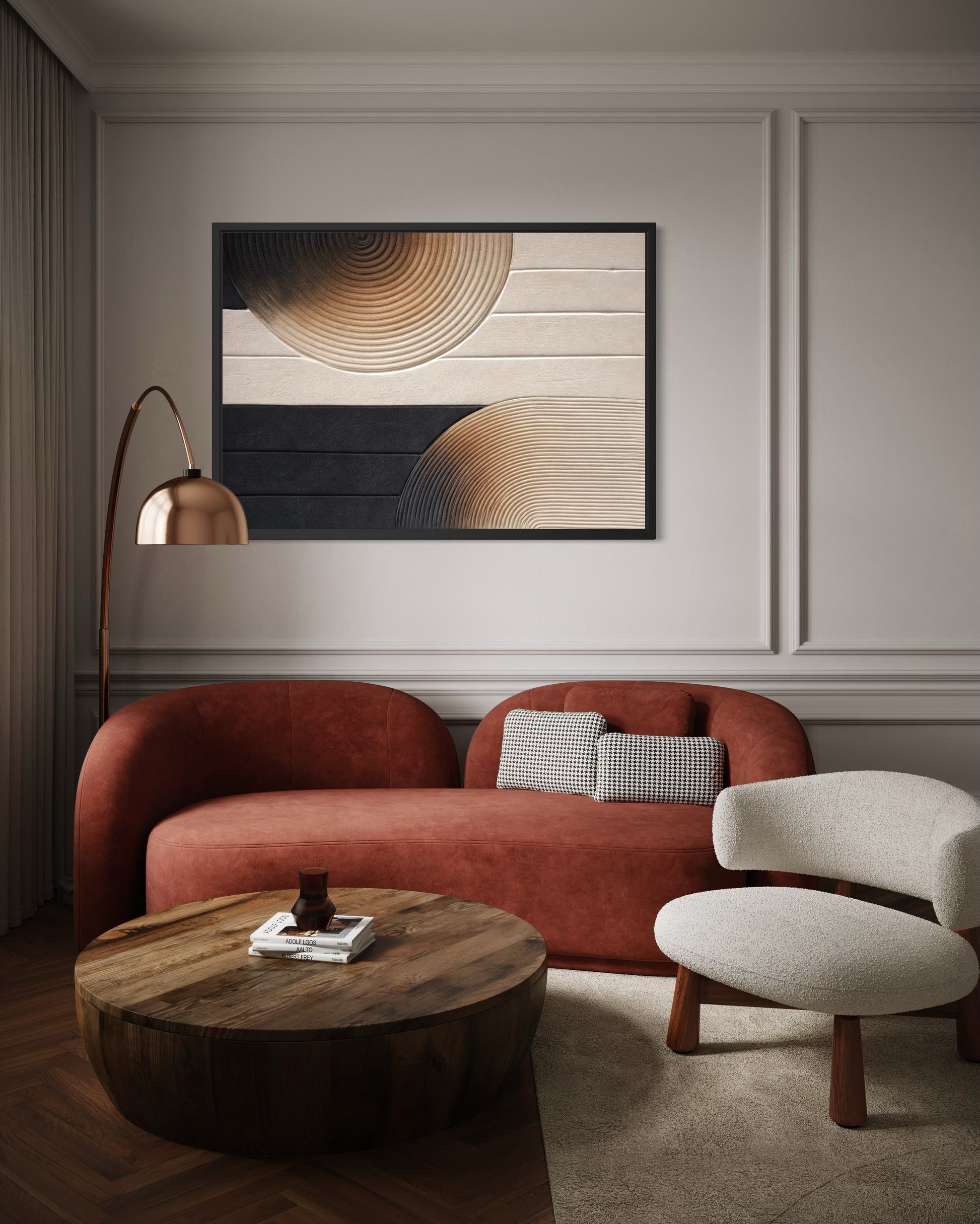 Modern living room with a red sofa, wooden coffee table, and abstract wall art.