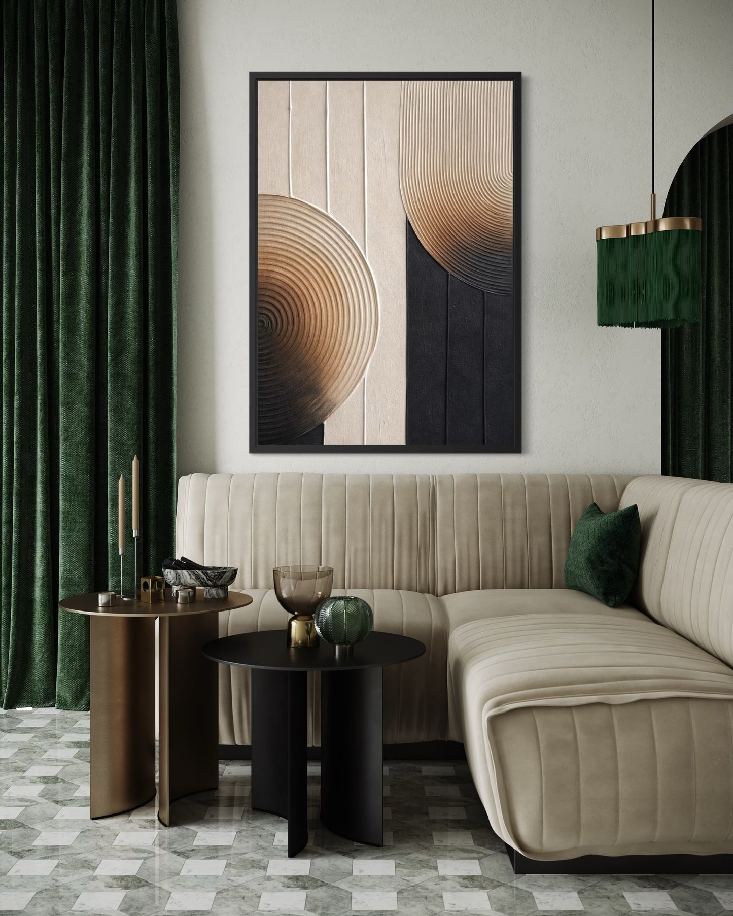 Modern living room with a beige sofa, abstract art, and decorative items.