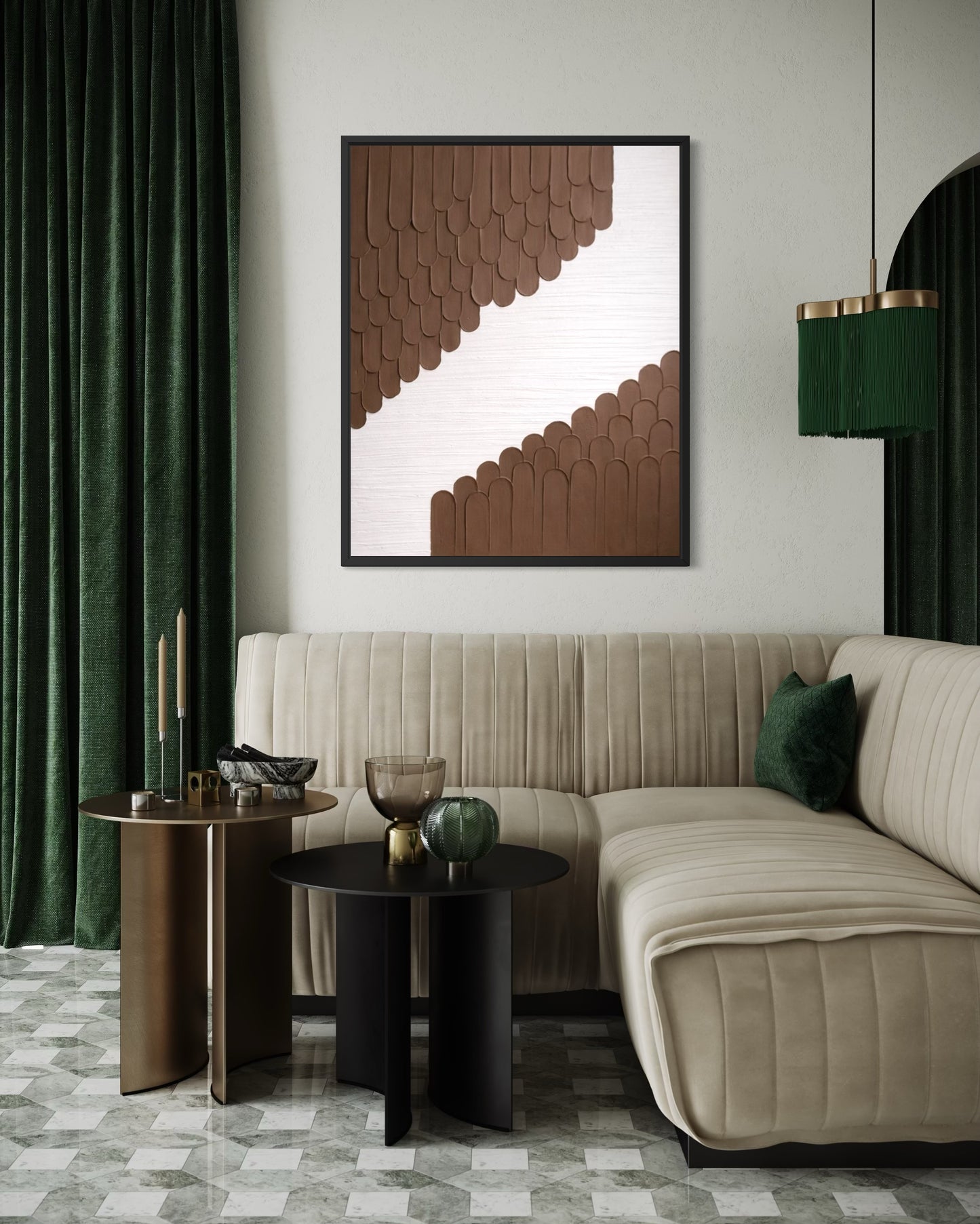 Modern living room with a beige sectional sofa, side tables, and abstract art on the wall.