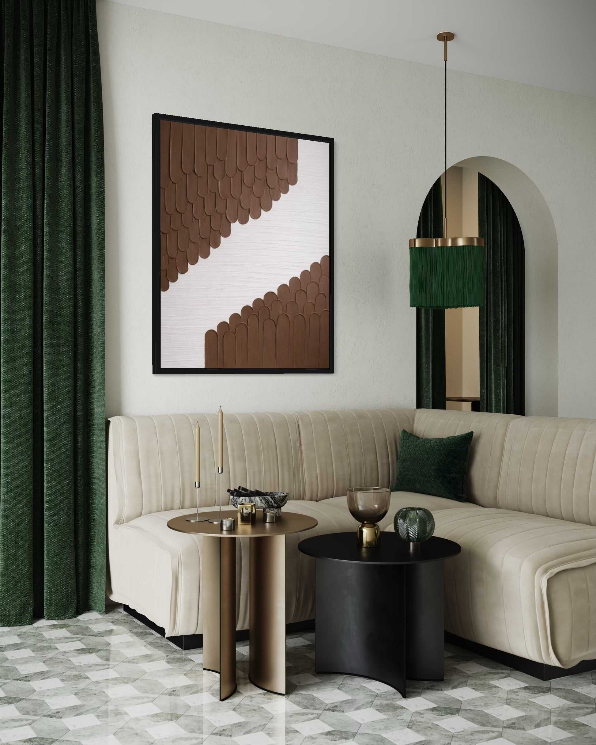 Modern living room with a beige sofa, decorative tables, and abstract art on the wall.