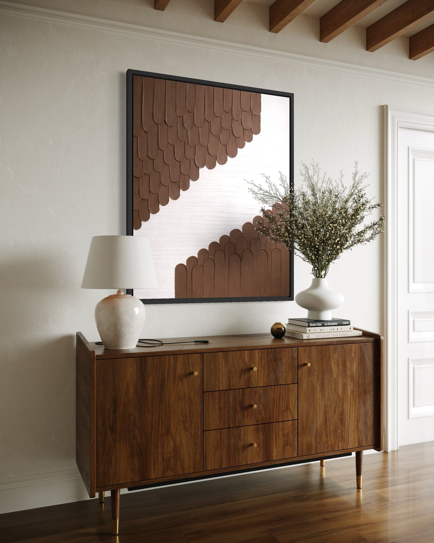 Wooden sideboard with decorative mirror and lamp in a room with wooden beams.