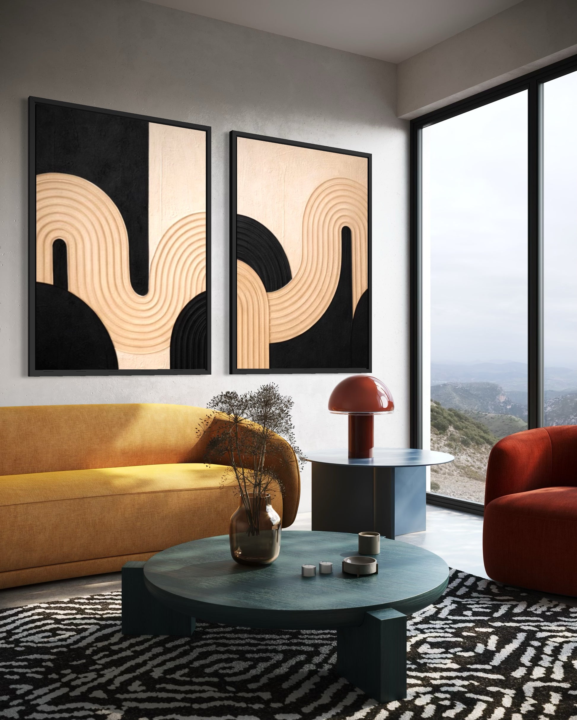 Modern living room with abstract art, yellow sofa, and red chair.