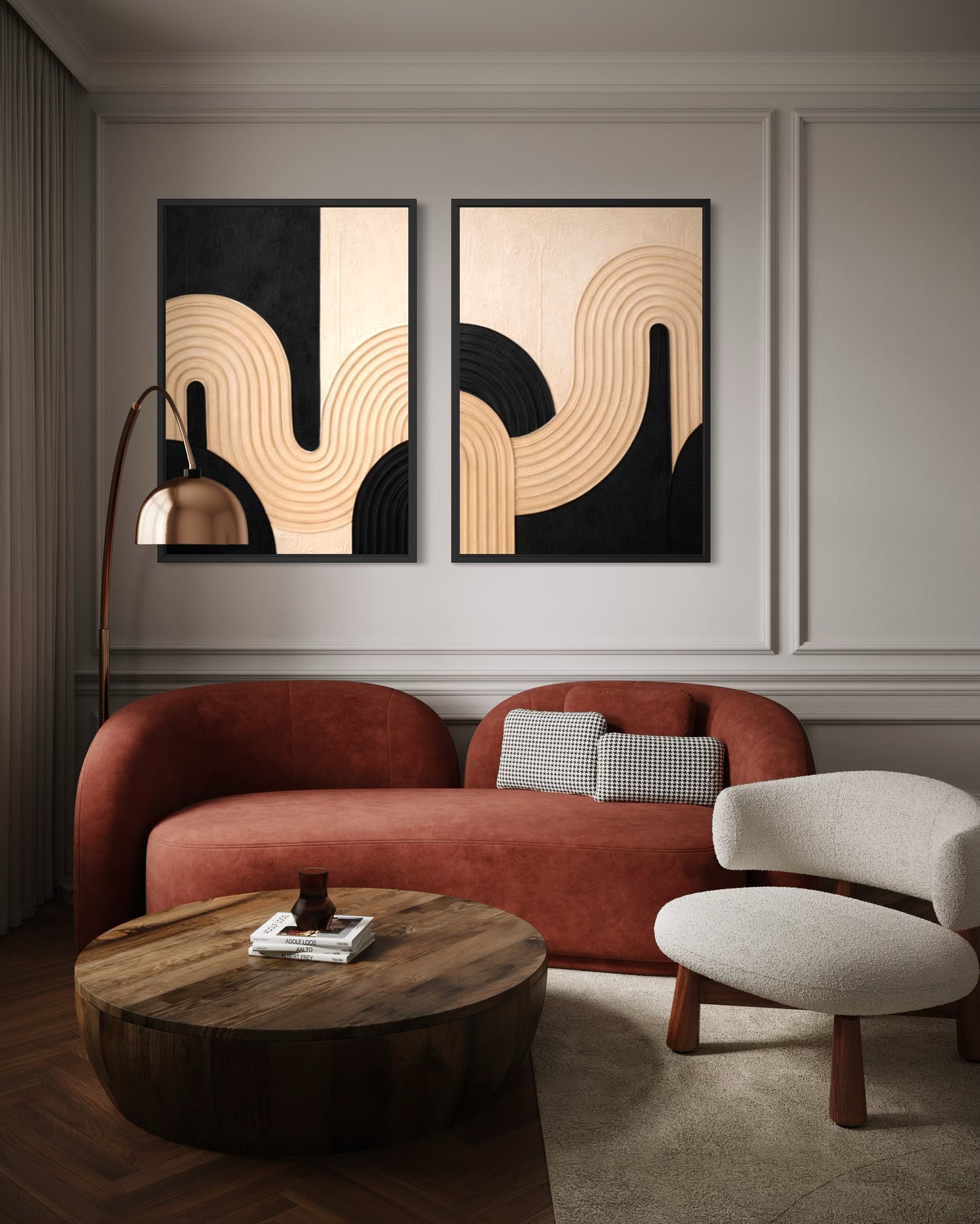 Modern living room with a red sofa, wooden coffee table, and abstract wall art.