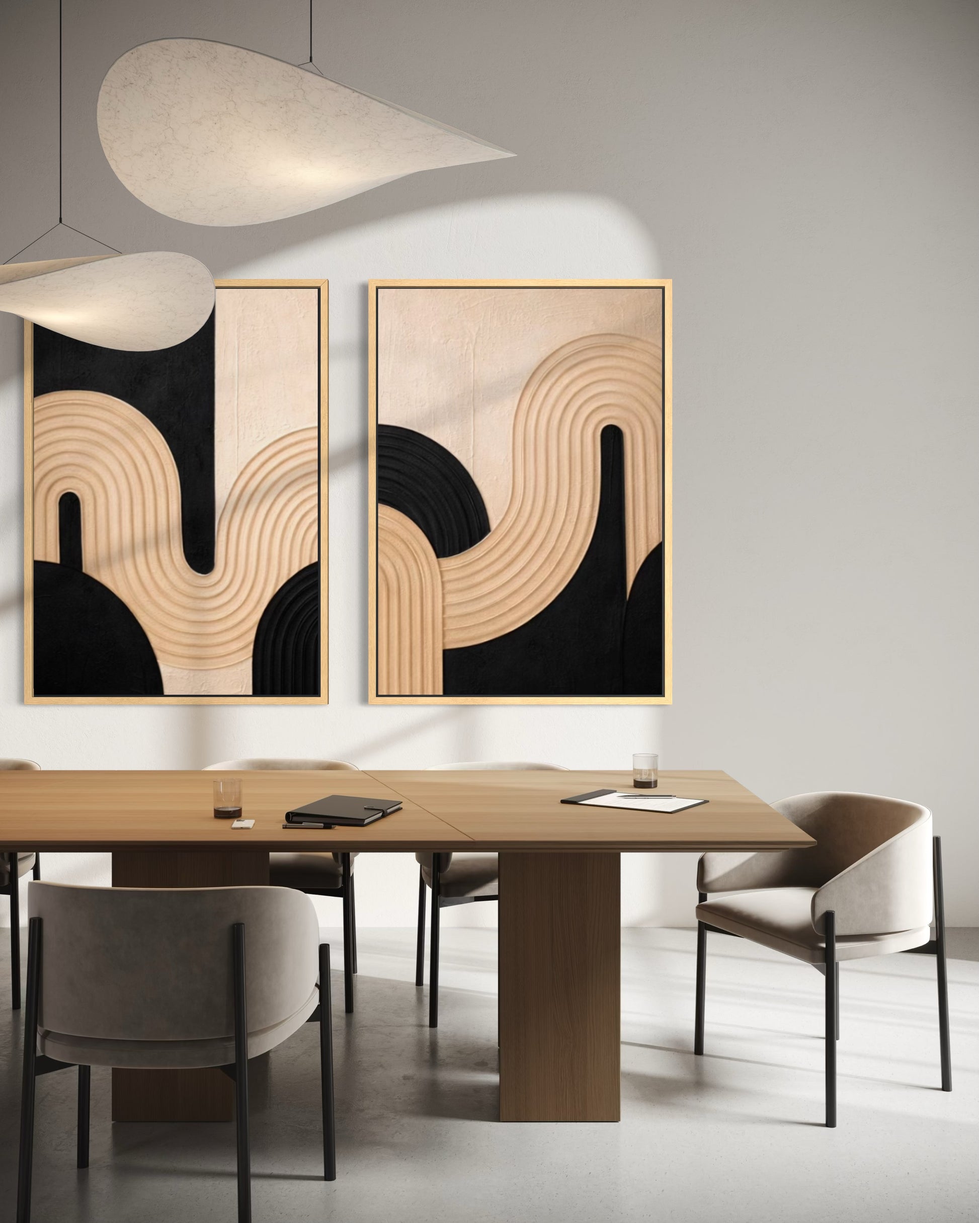 Modern dining room with abstract wall art and a wooden table.