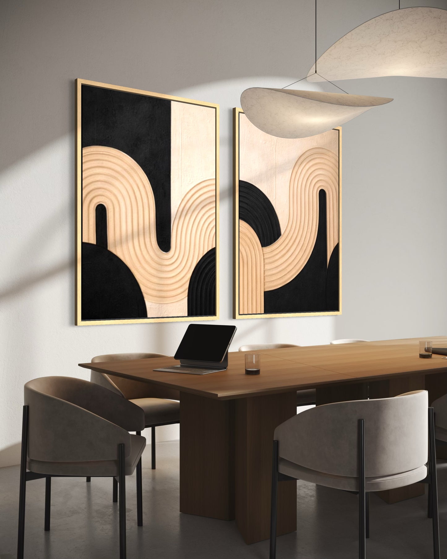 Modern office interior with abstract wall art and a wooden desk.