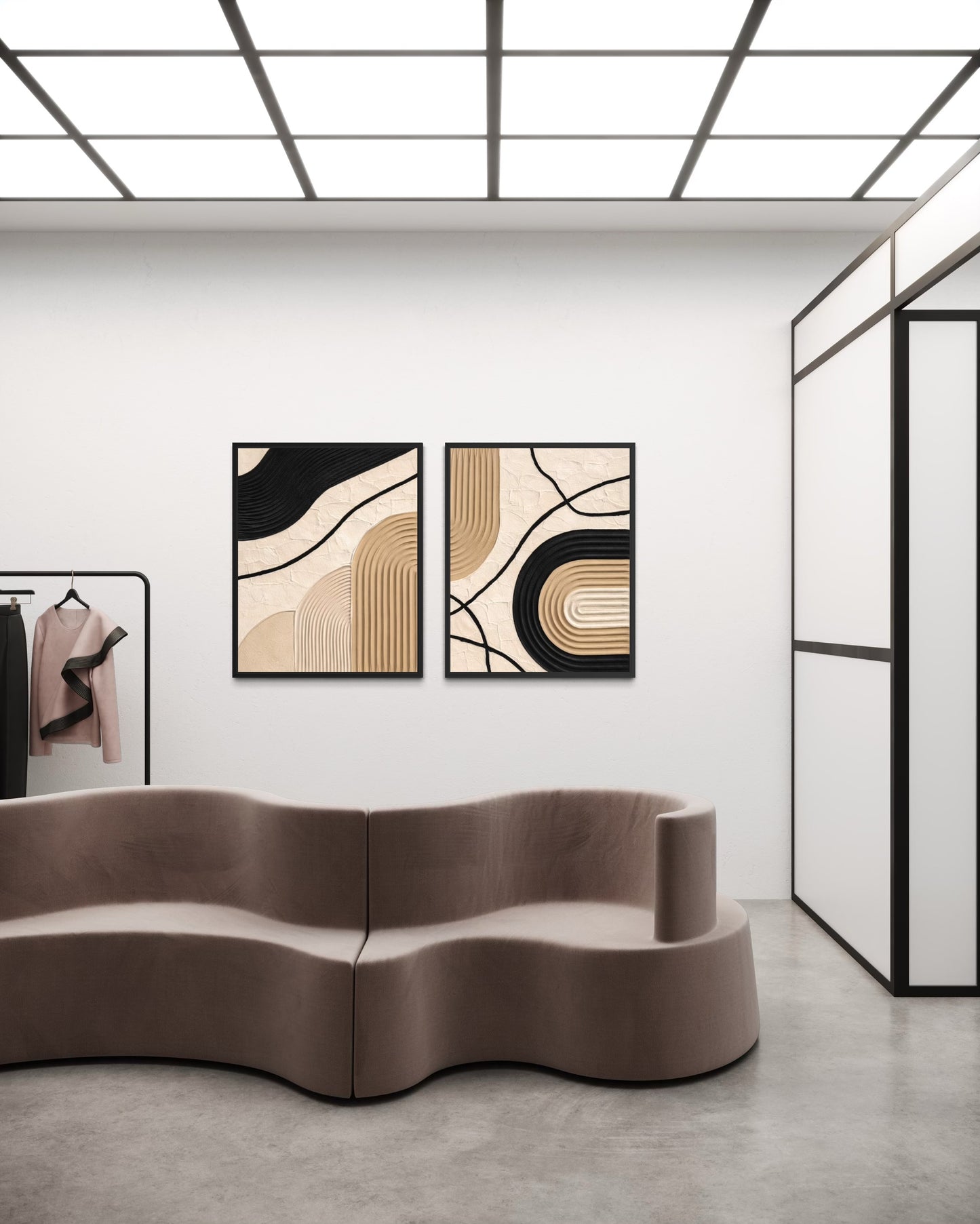 Modern interior with a wavy brown sofa and abstract wall art in a minimalistic setting.