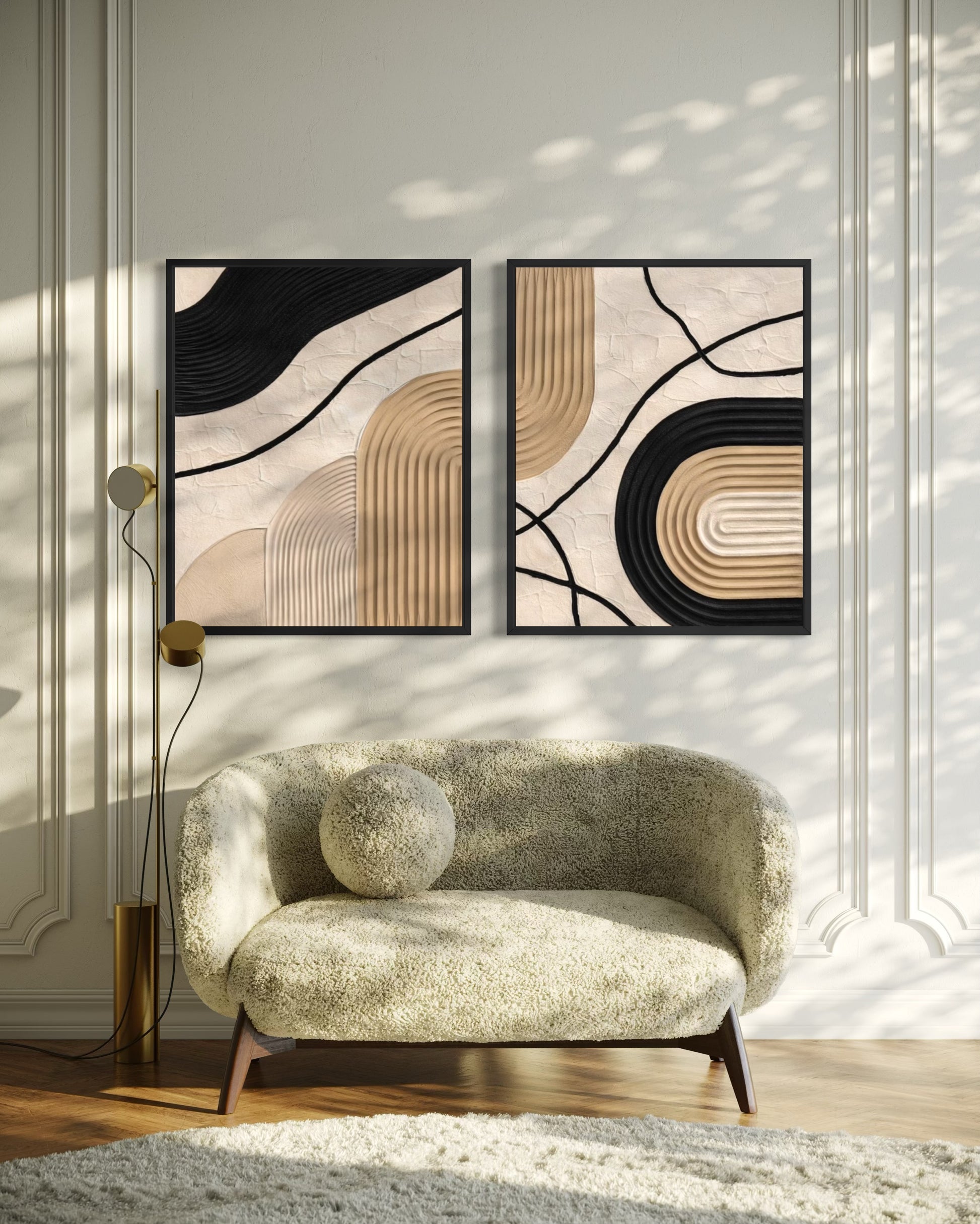 Modern living room with a textured sofa, abstract wall art, and decorative lamp.