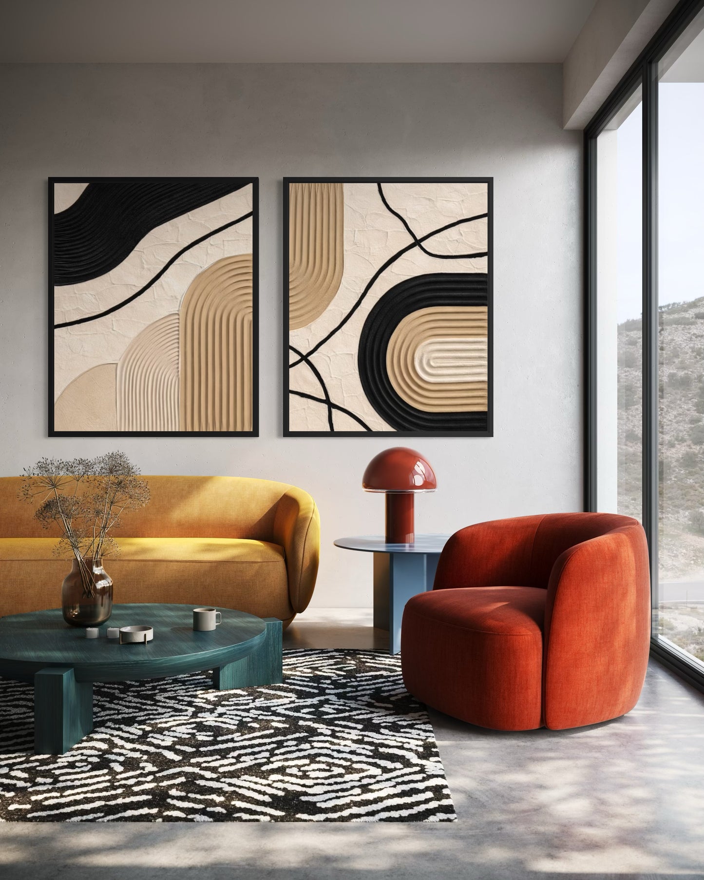 Modern living room with abstract art, orange sofa, and red armchair.