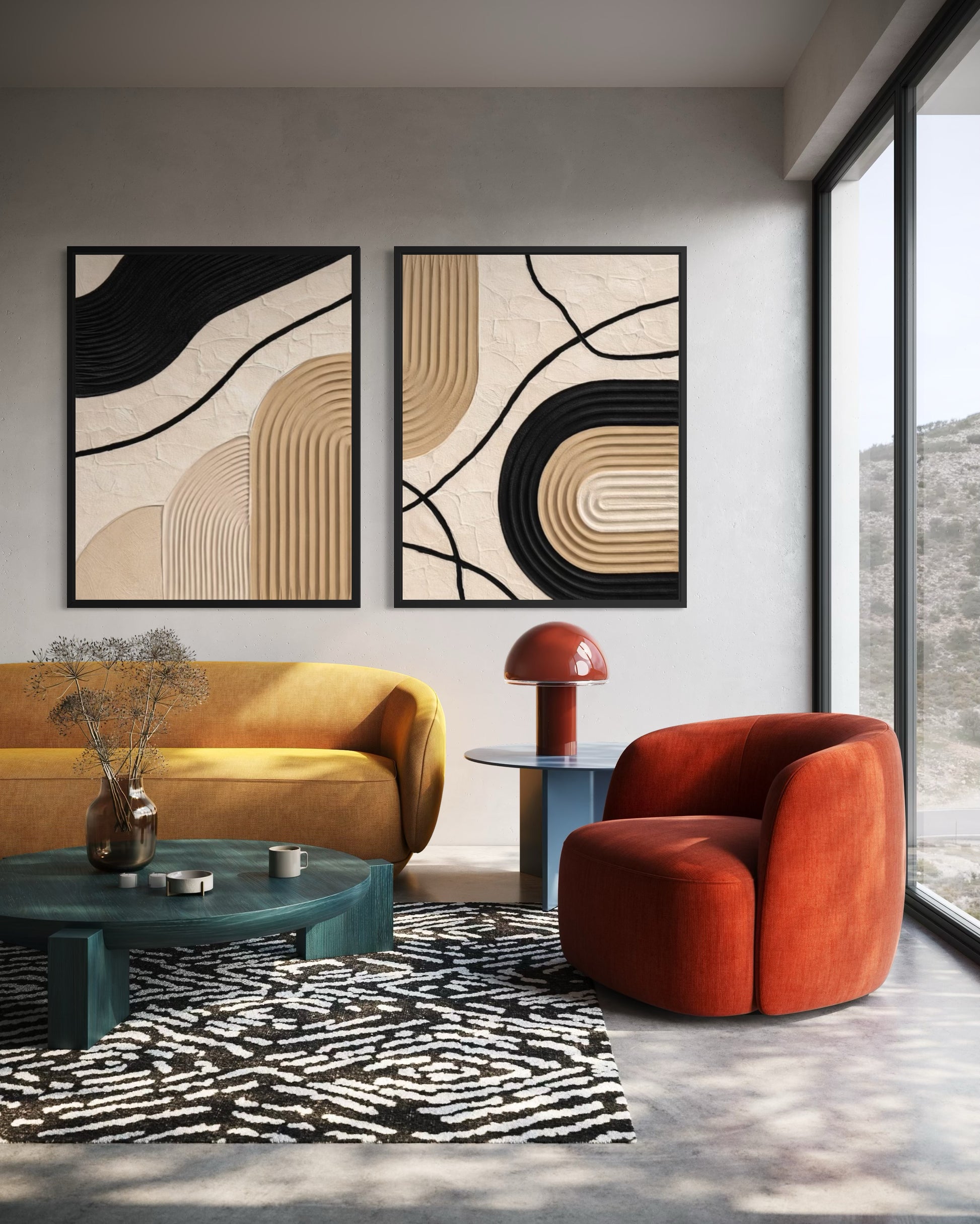 Modern living room with abstract art, orange sofa, and red armchair.