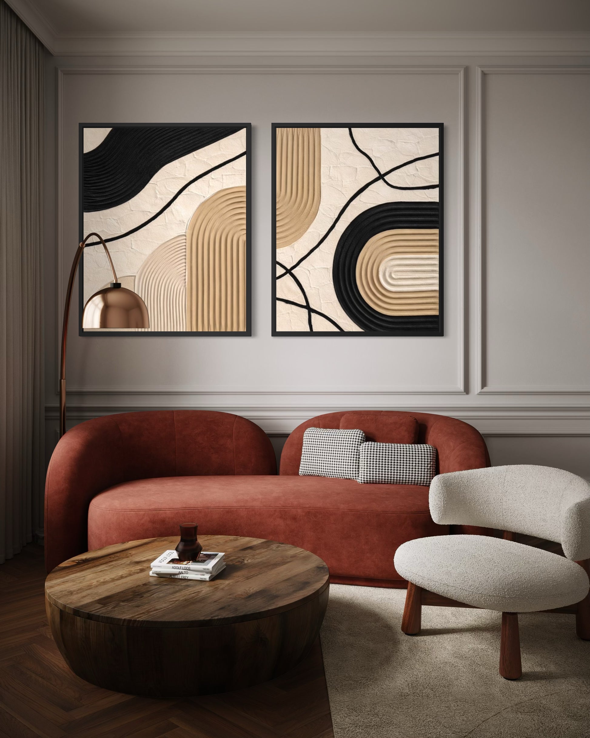 Modern living room with a red sofa, abstract art, and wooden coffee table.