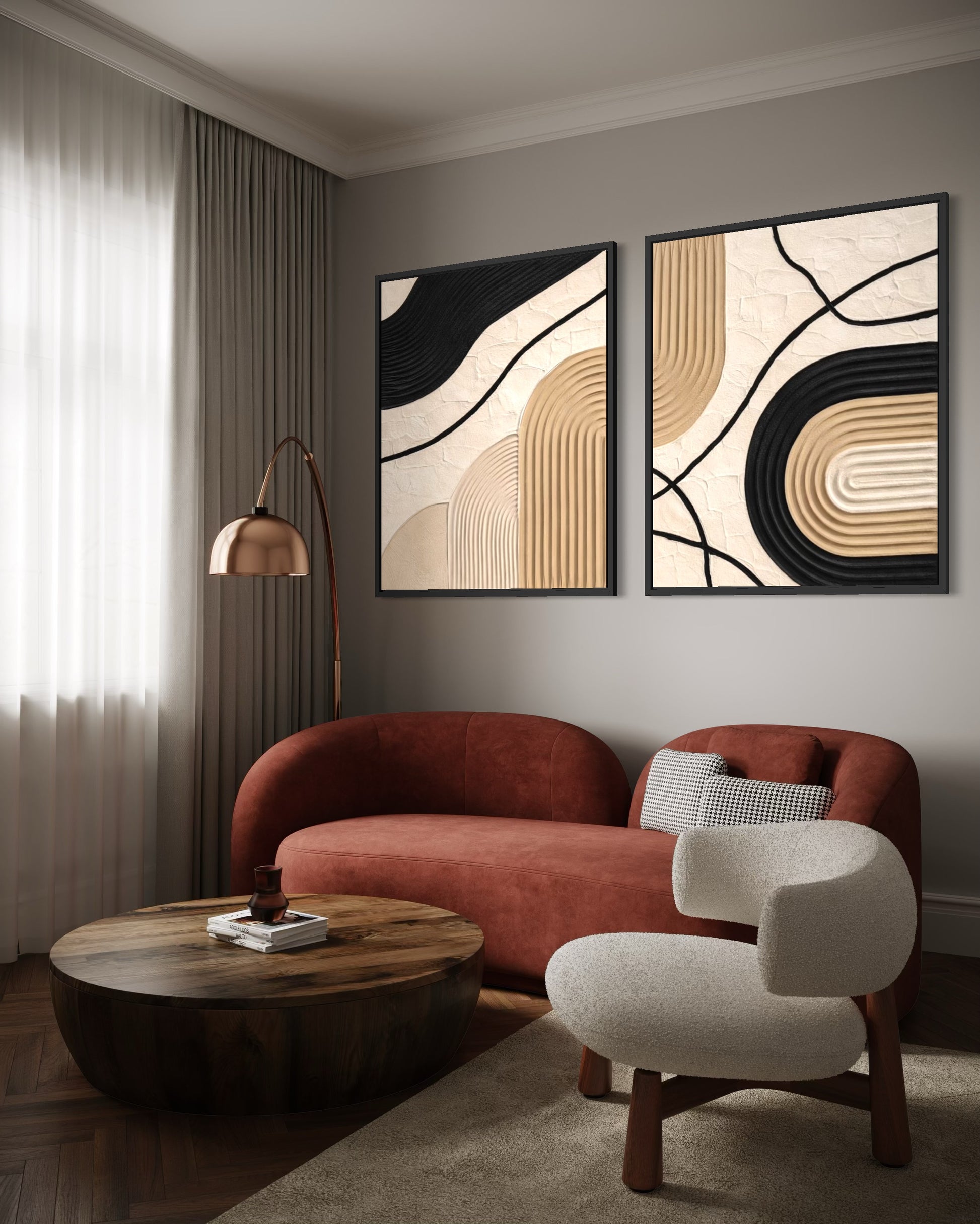 Modern living room with a red sofa, wooden coffee table, and abstract wall art.