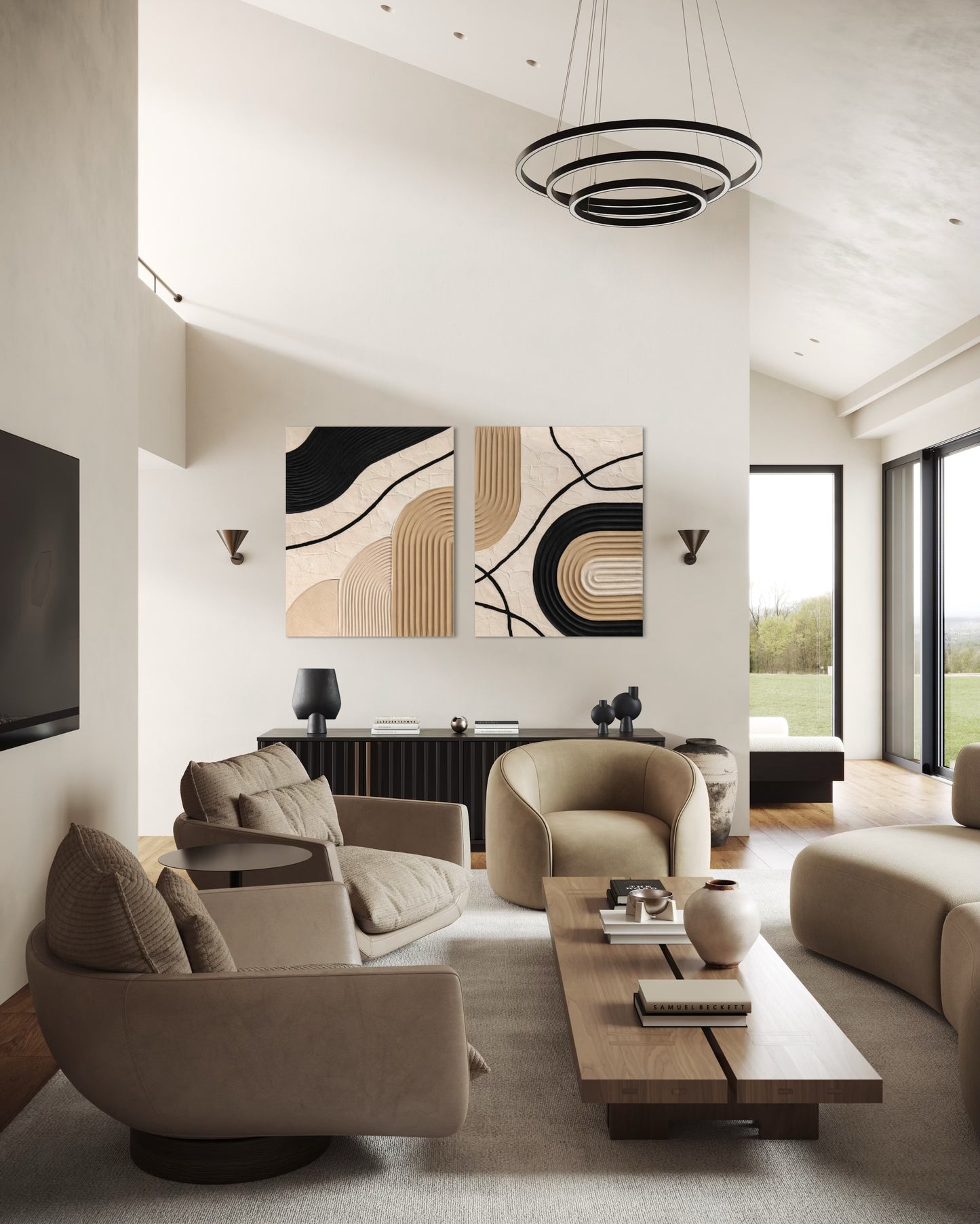Modern living room with beige furniture, abstract art, and a large window.
