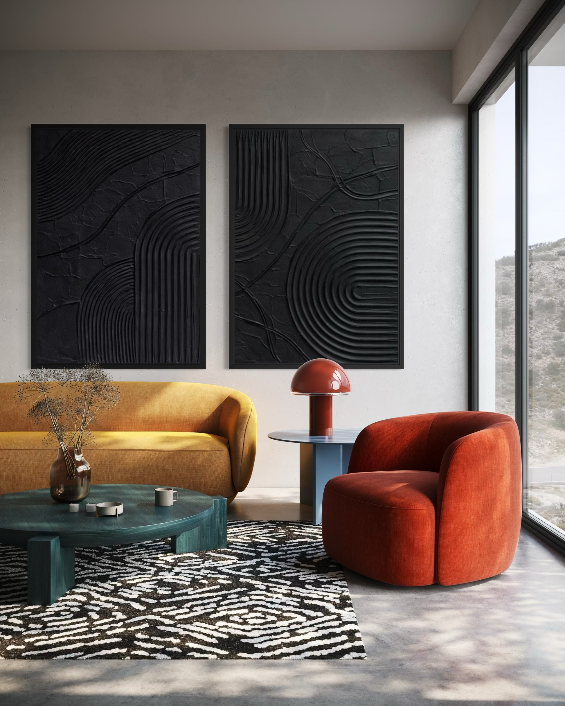 Modern living room with a yellow sofa, red armchair, and abstract wall art.