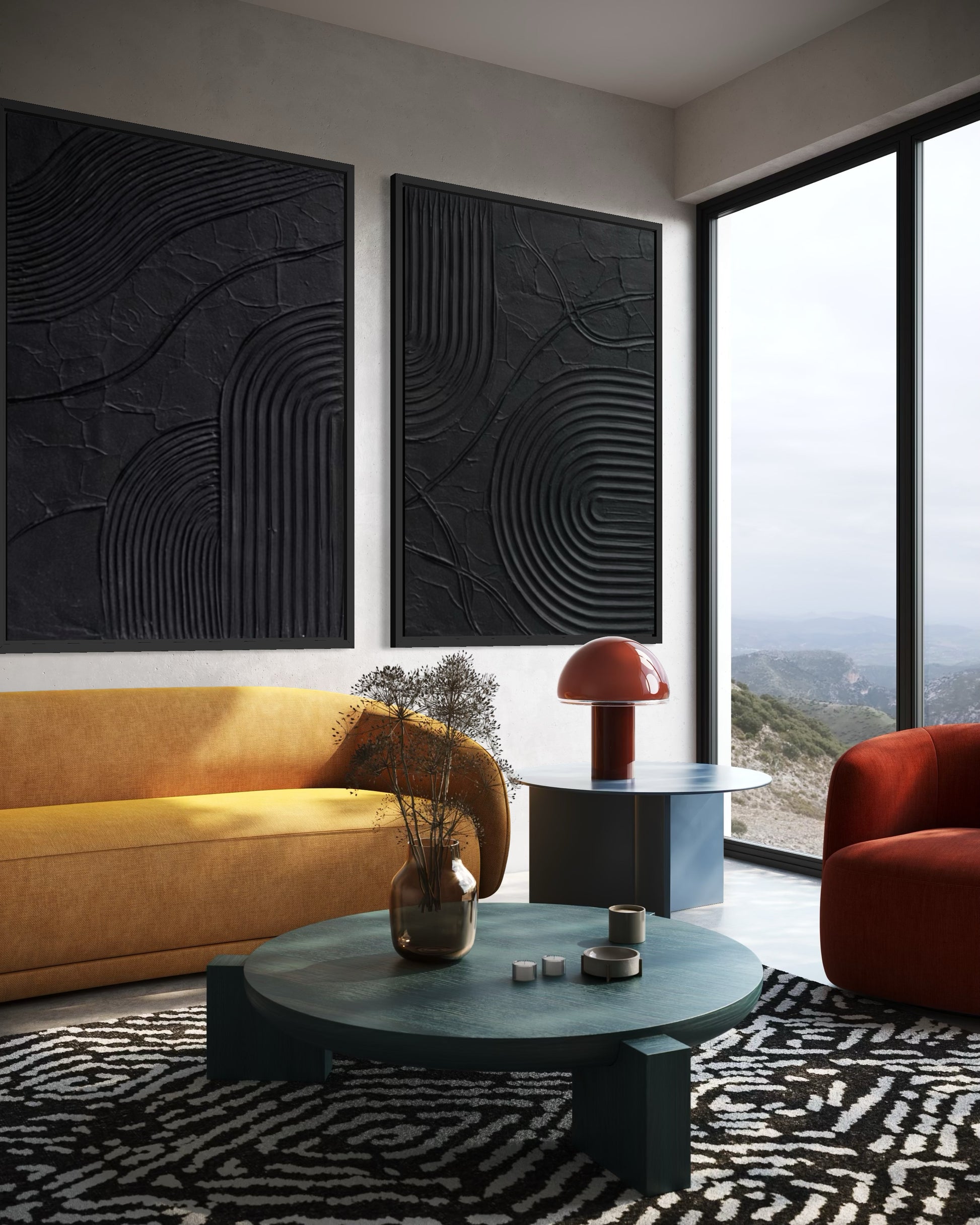 Modern living room with yellow sofa, red chair, and abstract wall art.