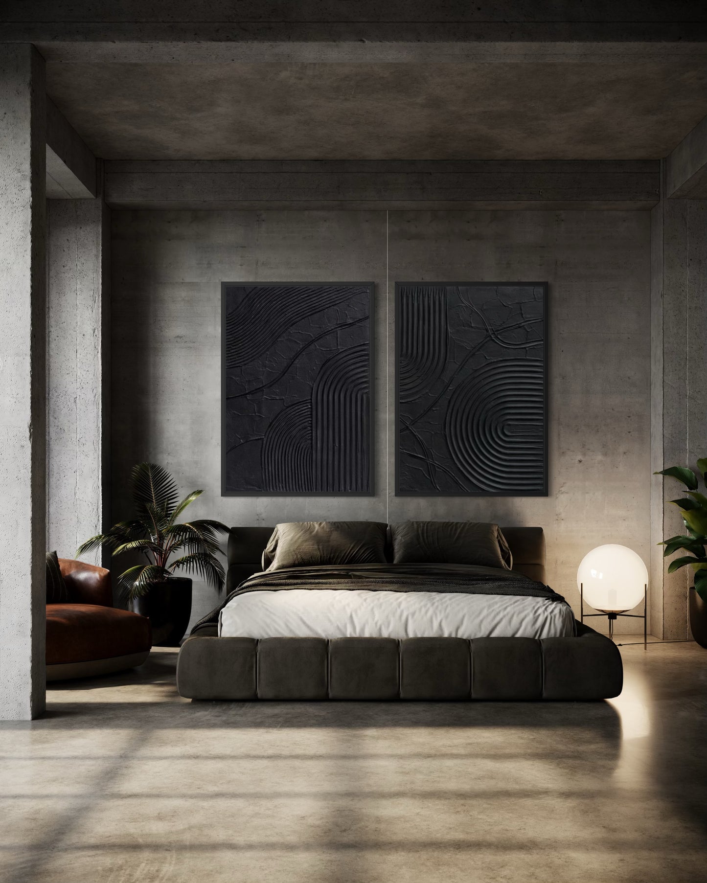 Modern bedroom with a large bed, abstract wall art, and a lamp.