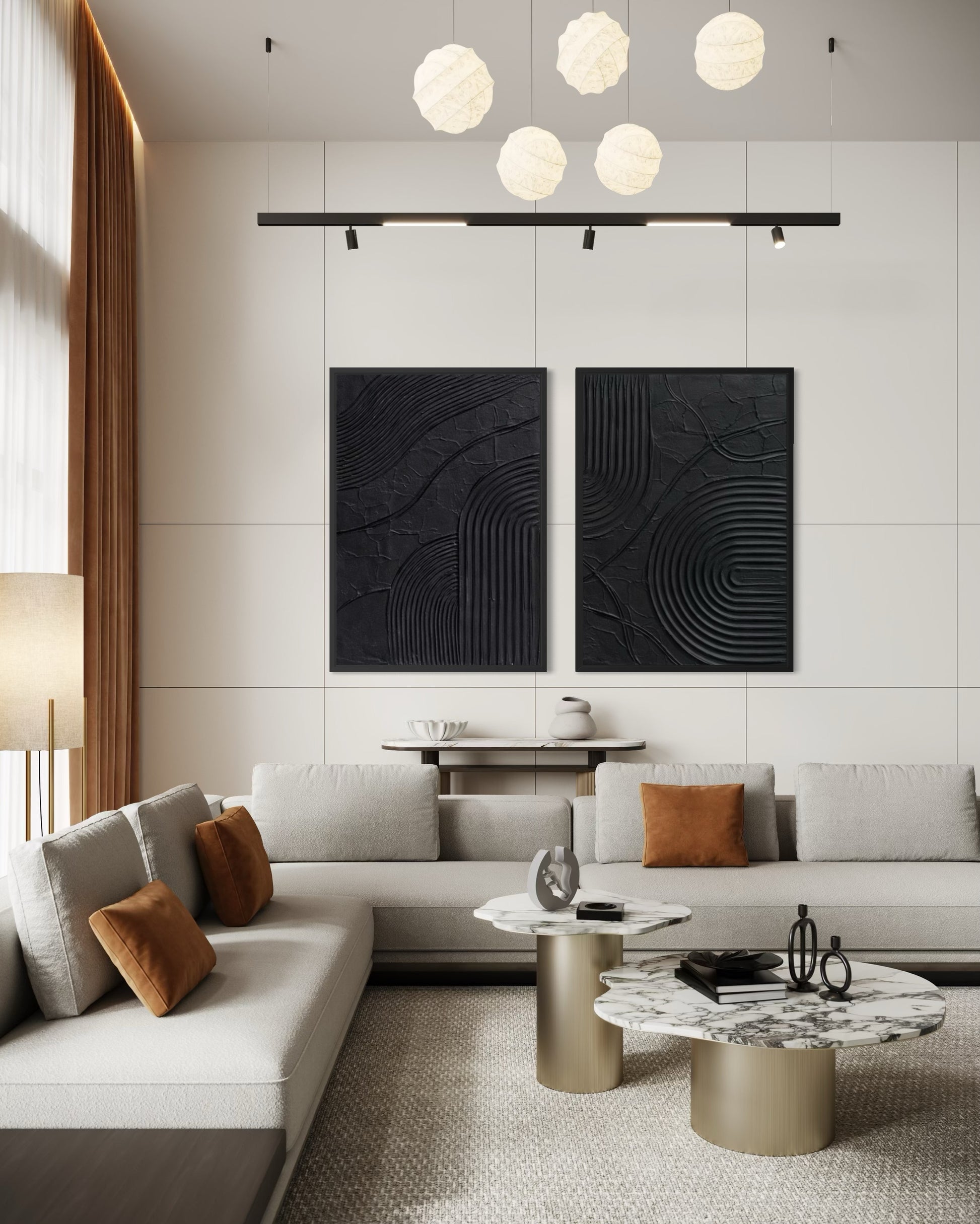 Modern living room with gray sofa, abstract wall art, and decorative items.