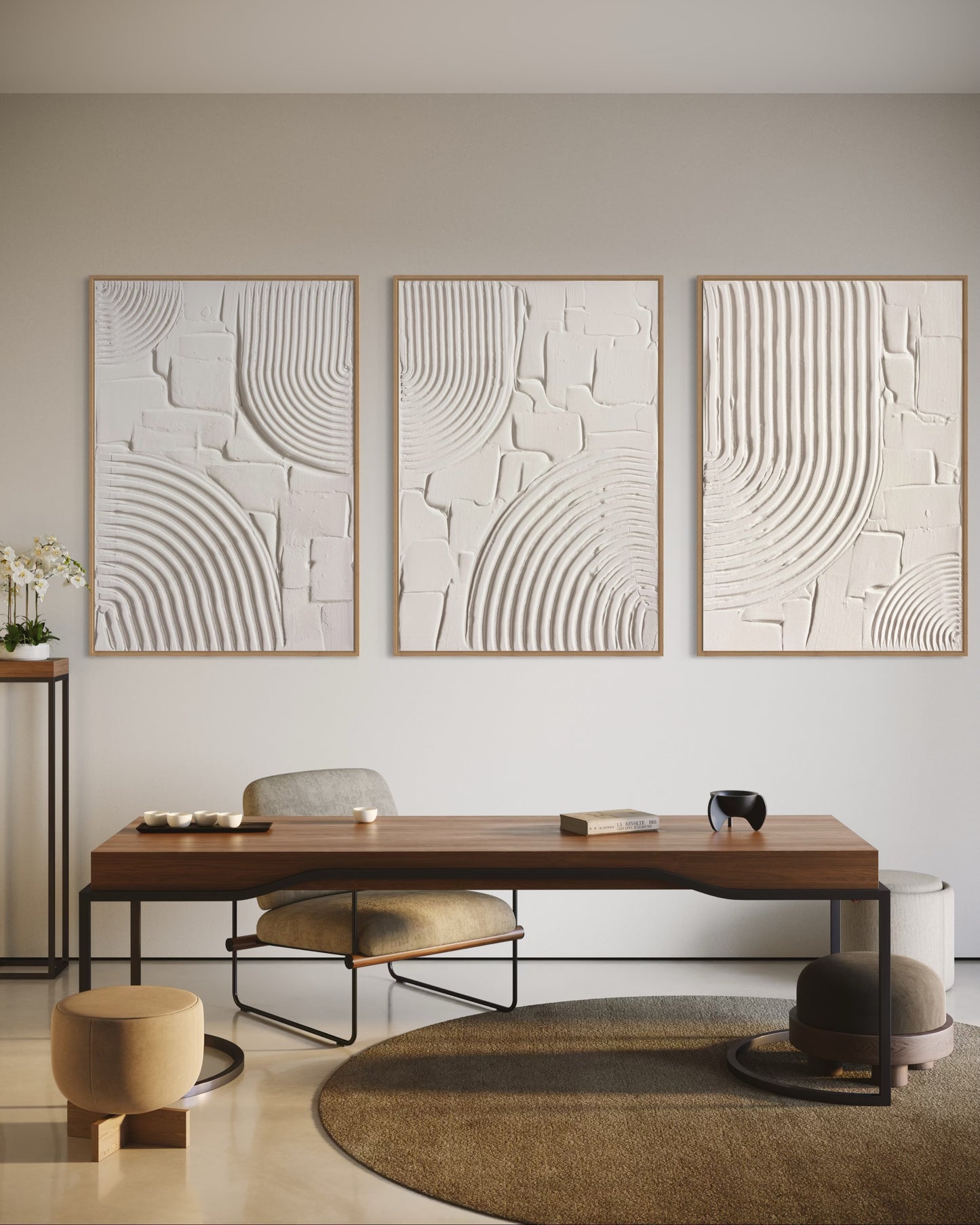 Modern interior with a wooden desk, chairs, and abstract wall art.