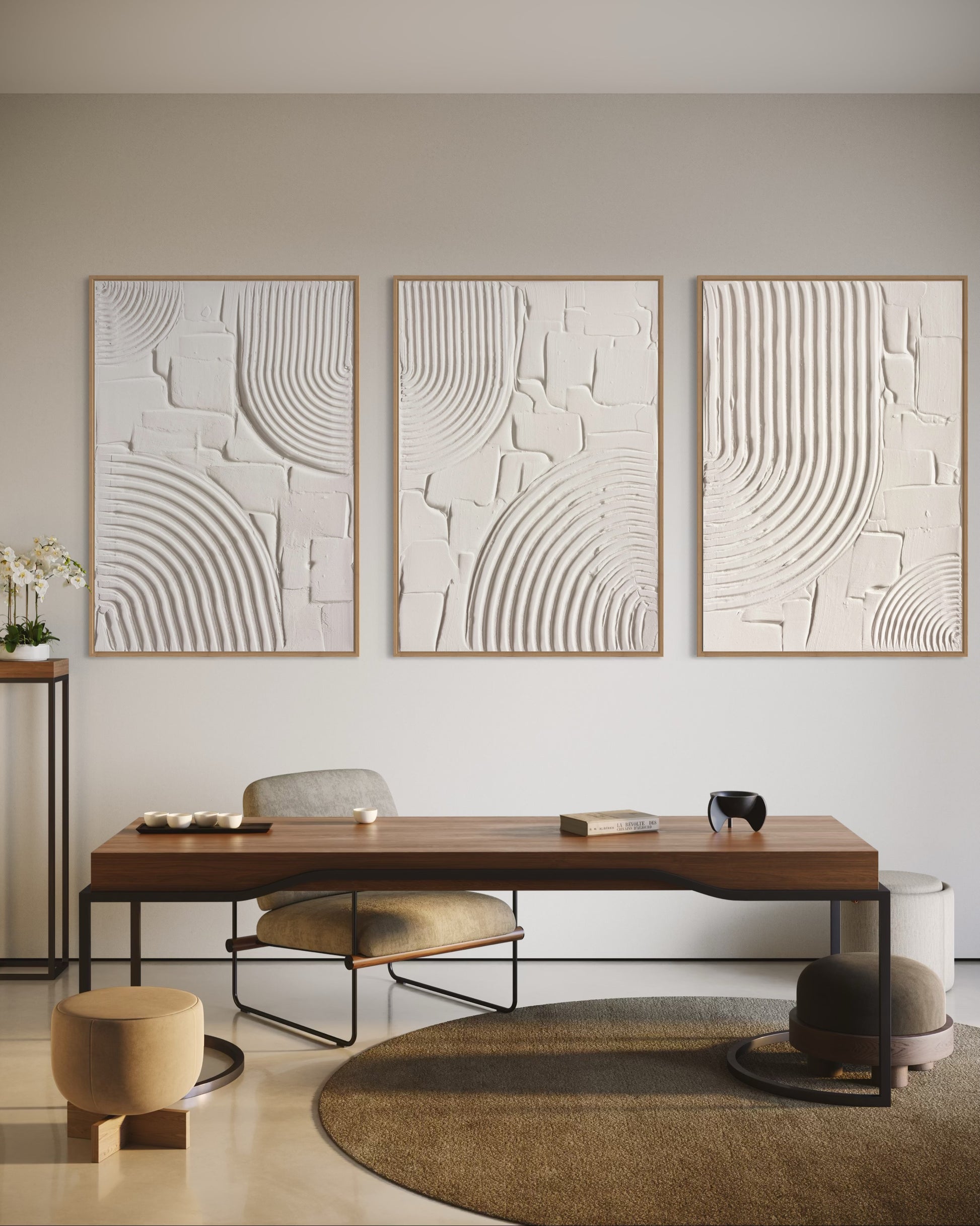 Modern interior with a wooden desk, chairs, and abstract wall art.