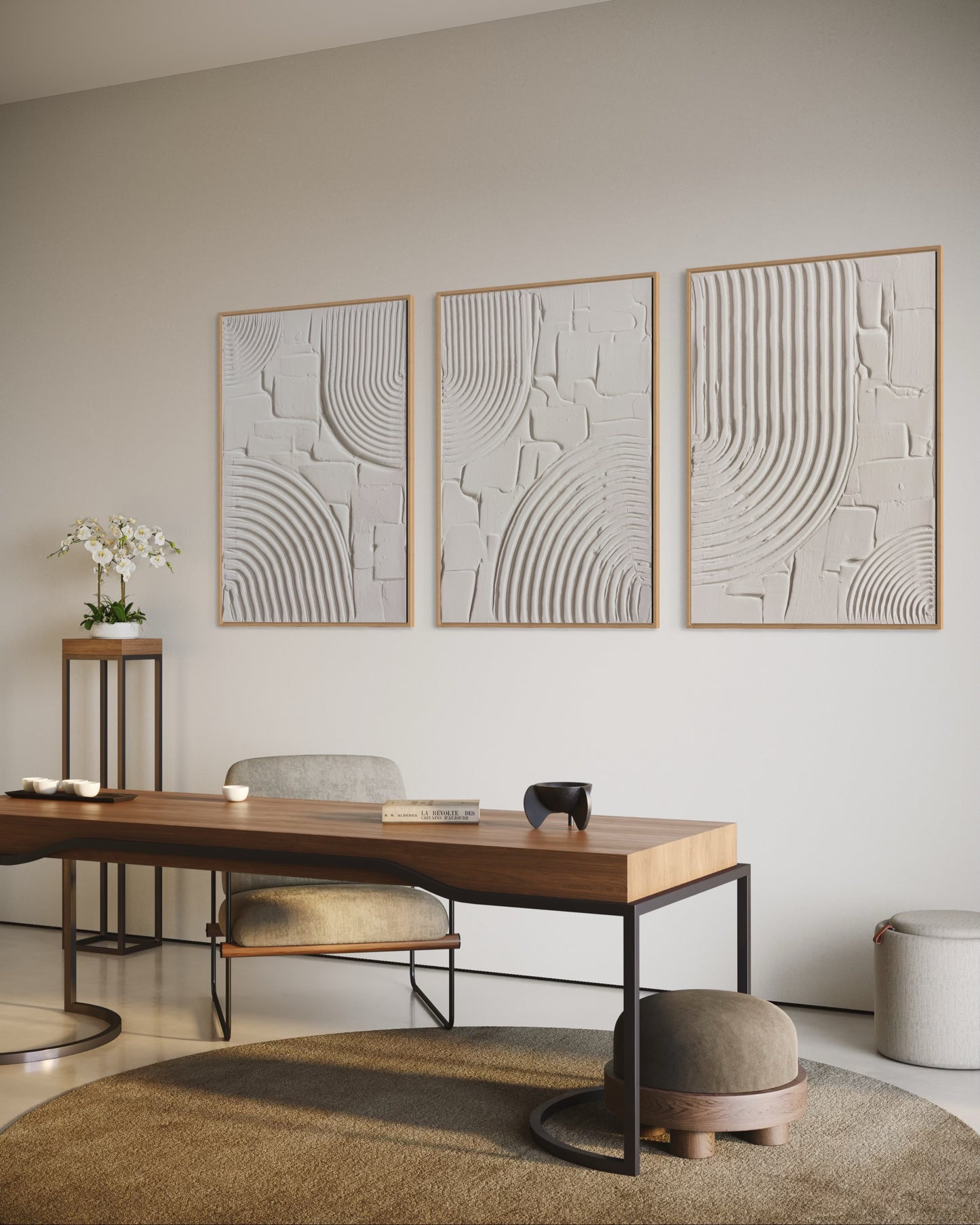 Modern office interior with a wooden desk, abstract wall art, and minimal decor.