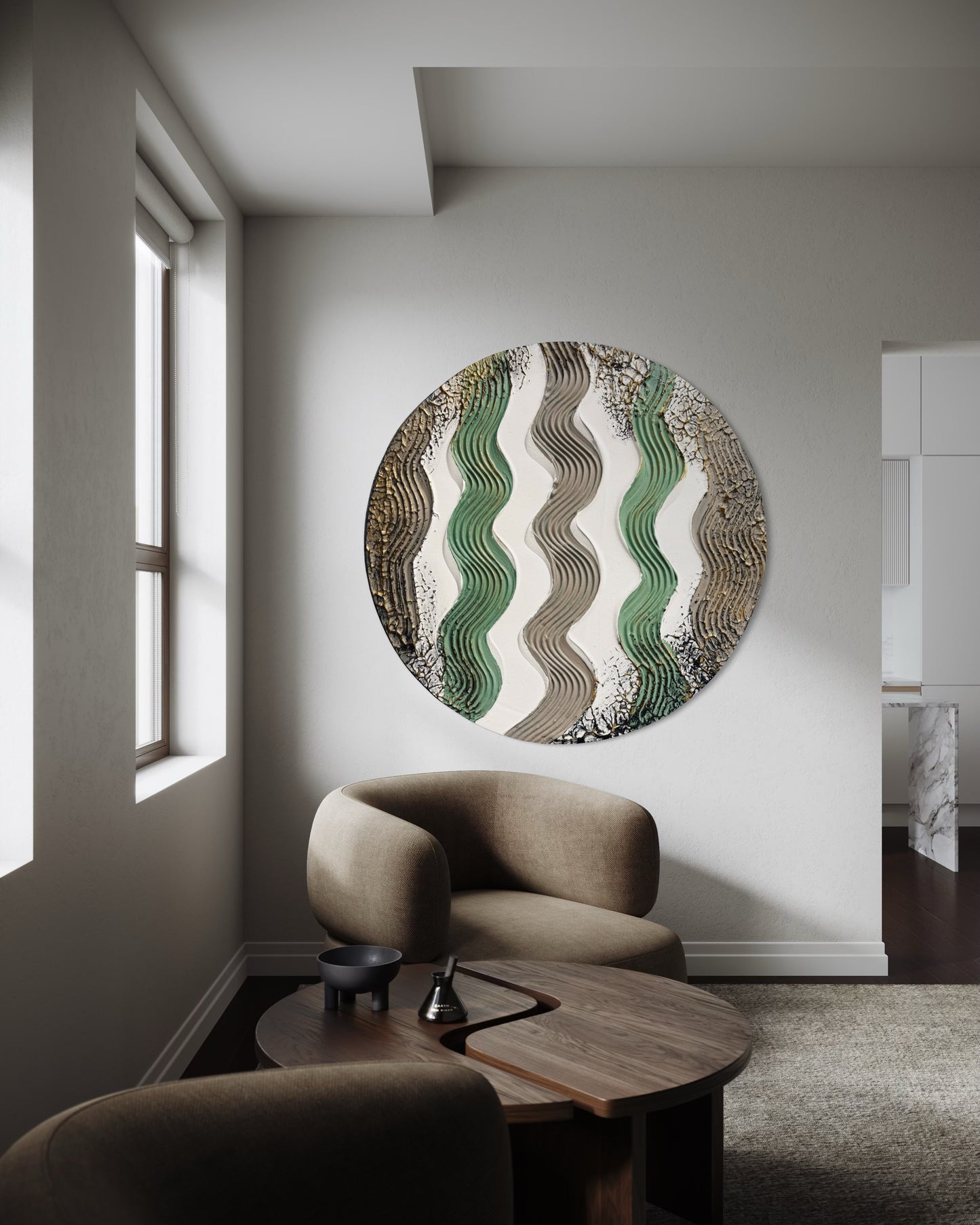 Modern living room with a round abstract painting on the wall