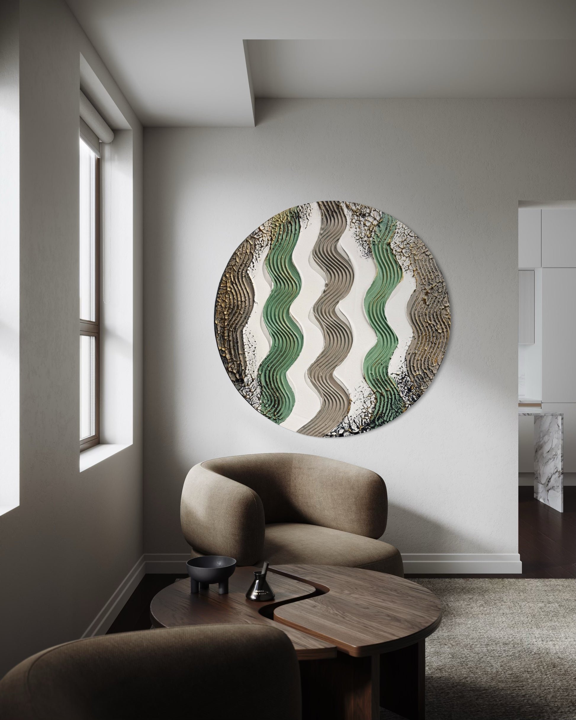 Modern living room with a round abstract painting on the wall