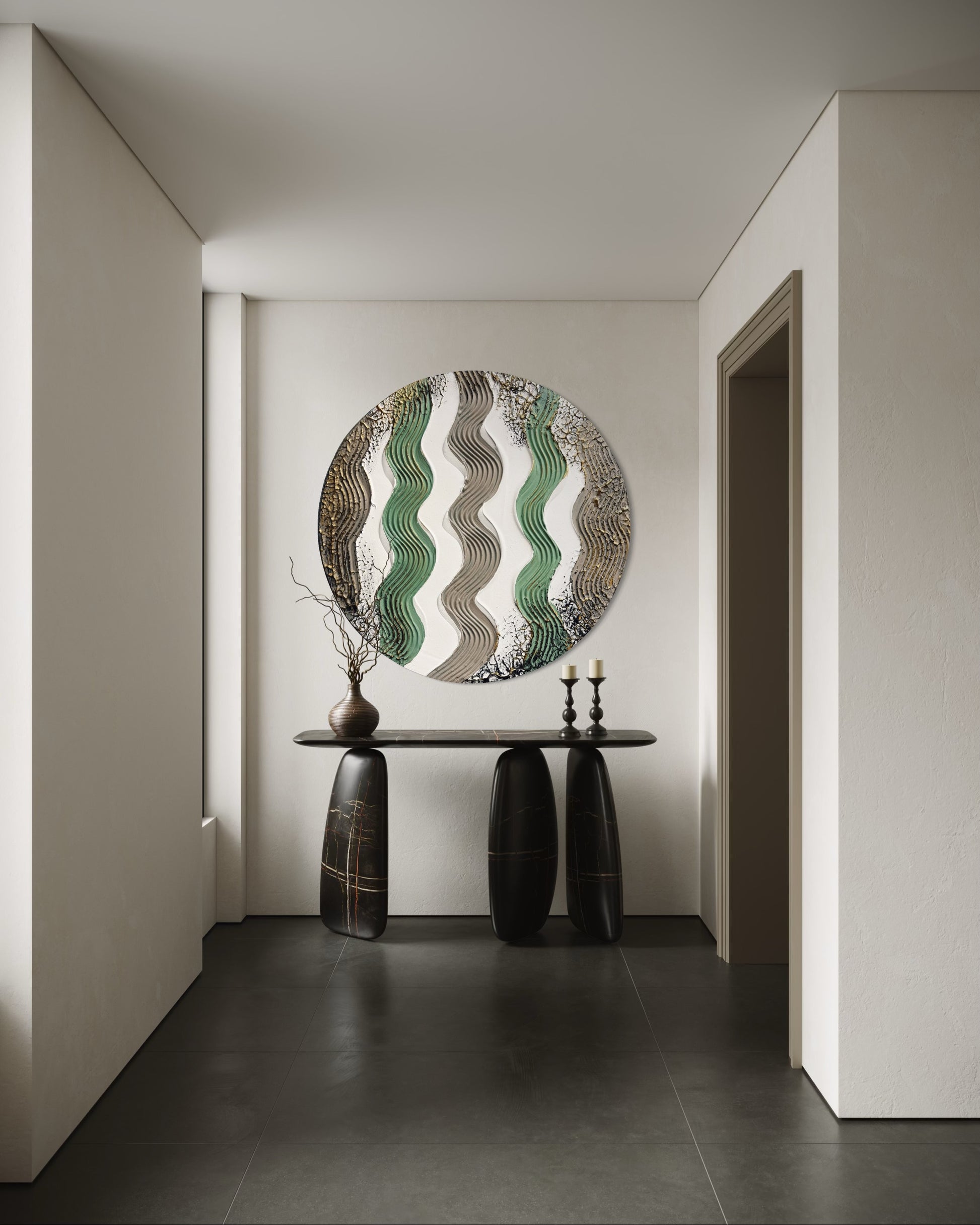 Modern interior with a round abstract artwork on the wall above a console table.